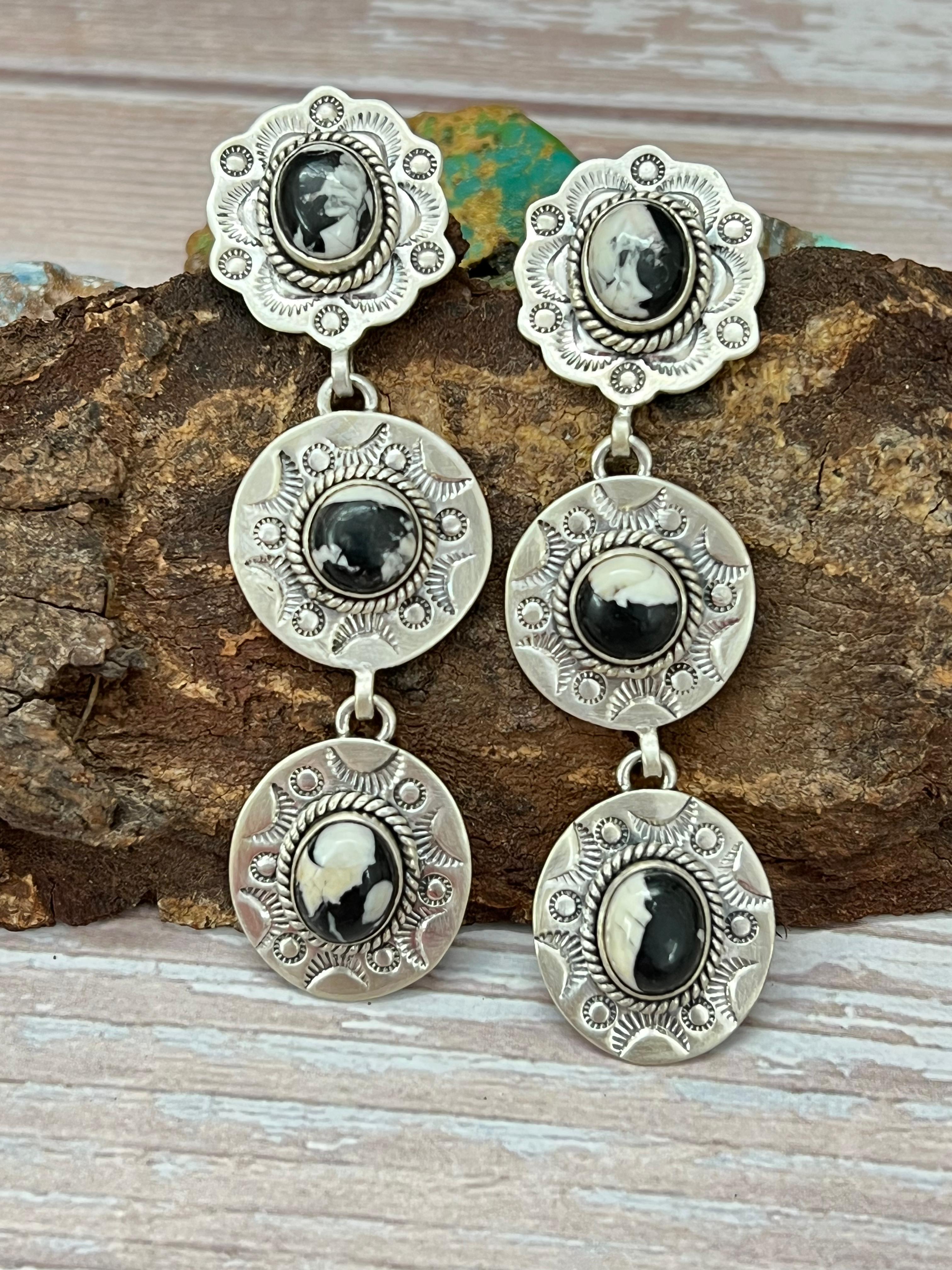 Handmade Sterling Silver White Buffalo Post Dangle Earrings with Signed Nizhoni