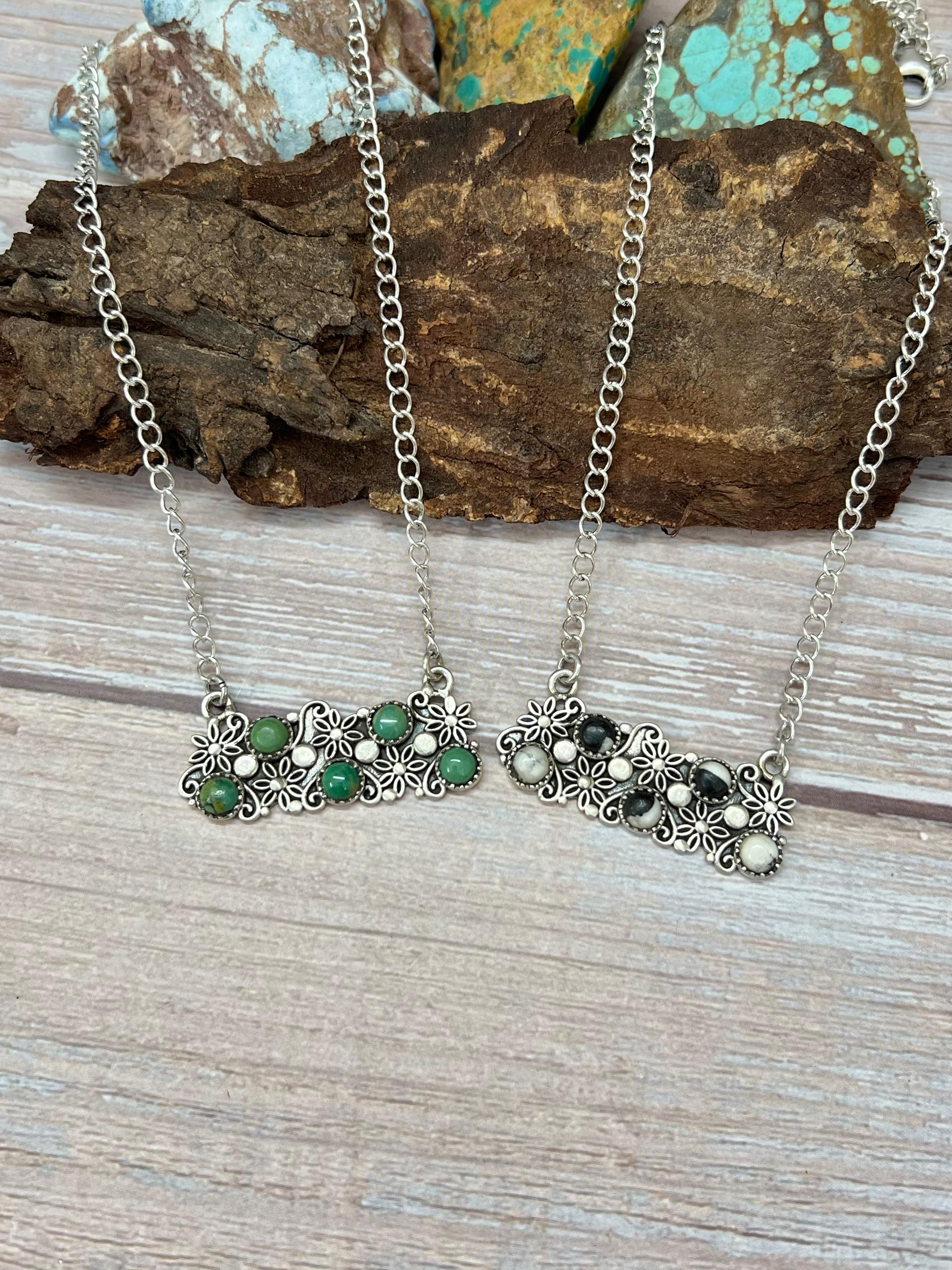 Handmade Sterling Silver Kingman Turquoise, White Buffalo Necklace with Signed Nizhoni