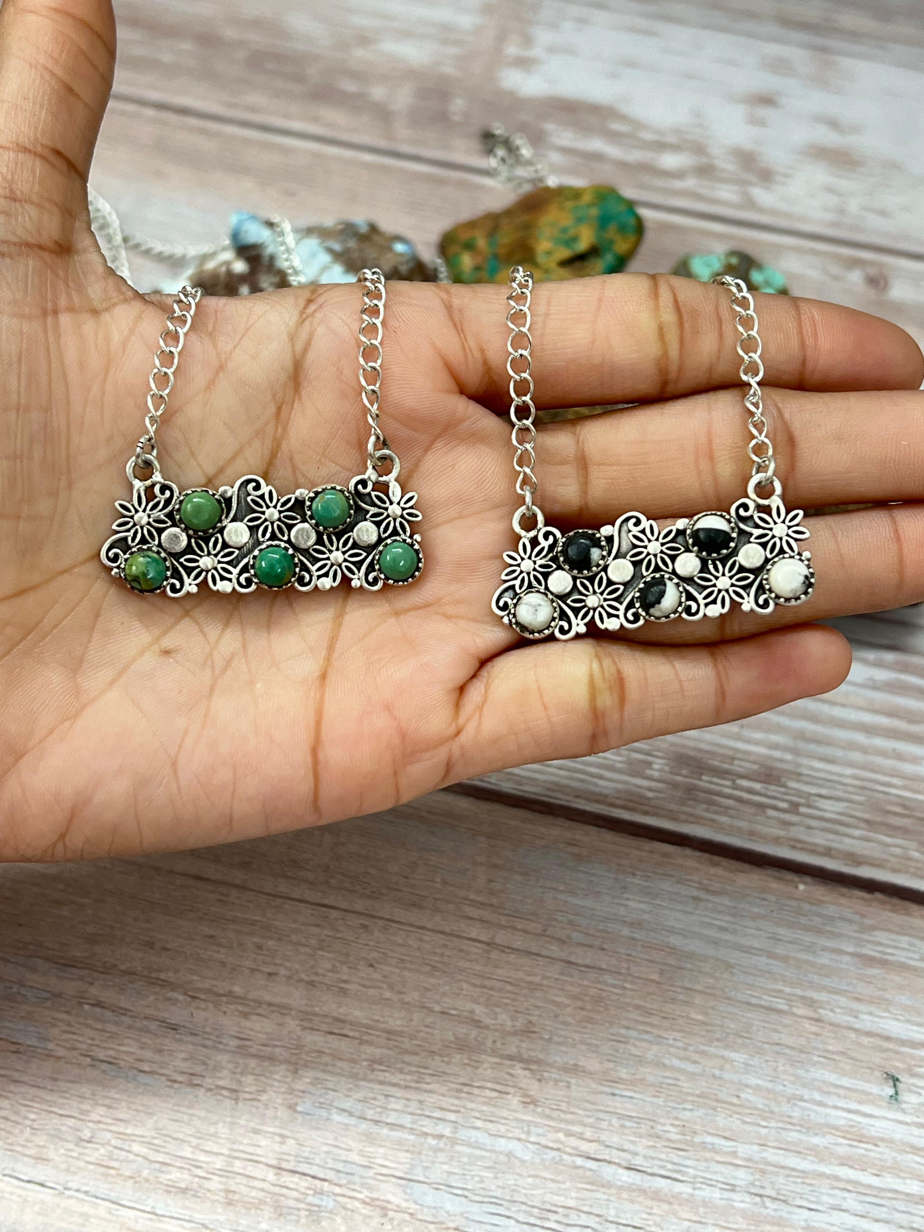 Handmade Sterling Silver Kingman Turquoise, White Buffalo Necklace with Signed Nizhoni