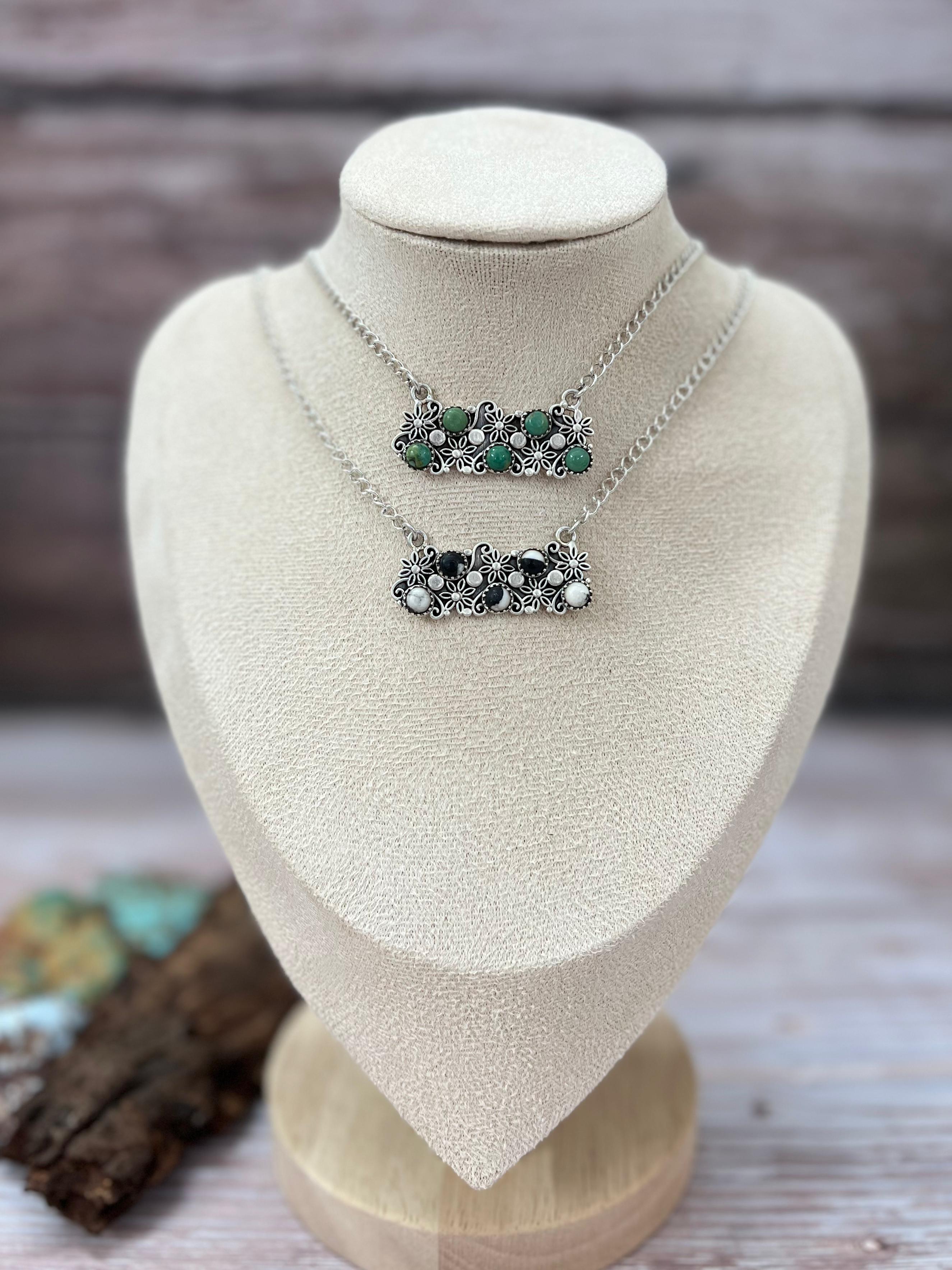 Handmade Sterling Silver Kingman Turquoise, White Buffalo Necklace with Signed Nizhoni