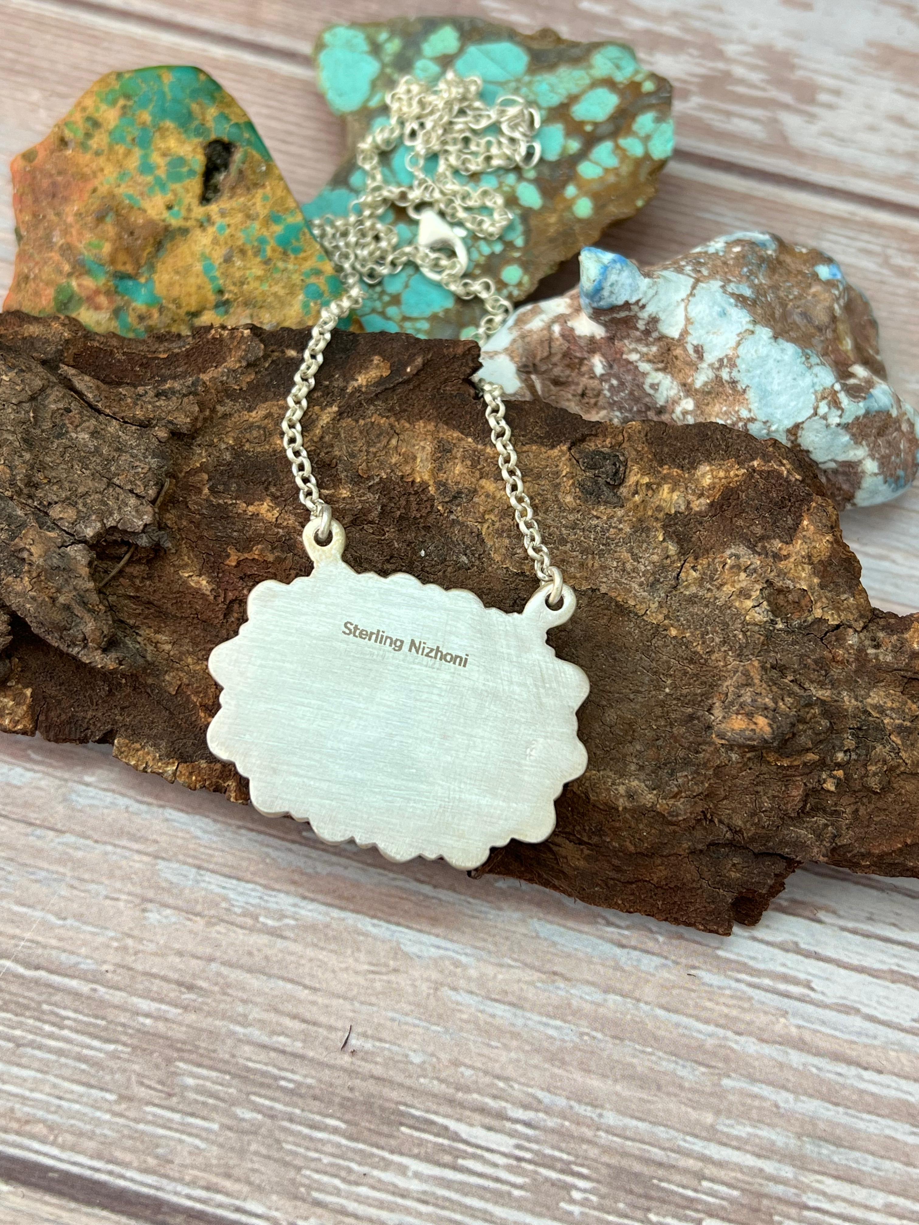 Handmade Sterling Silver White Buffalo Necklace with Signed Nizhoni