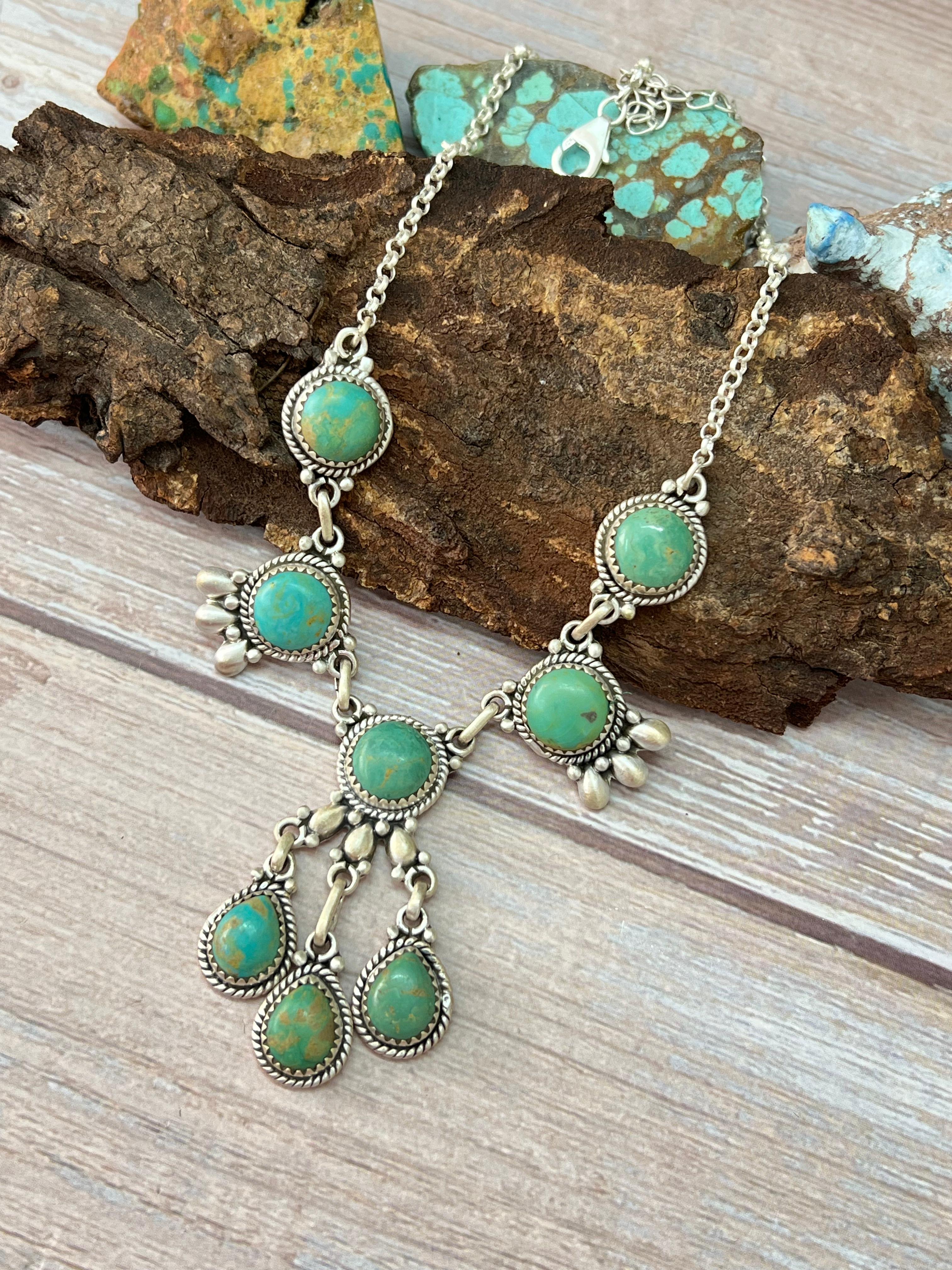 Handmade Sterling Silver Kingman Turquoise Necklace with Signed Nizhoni