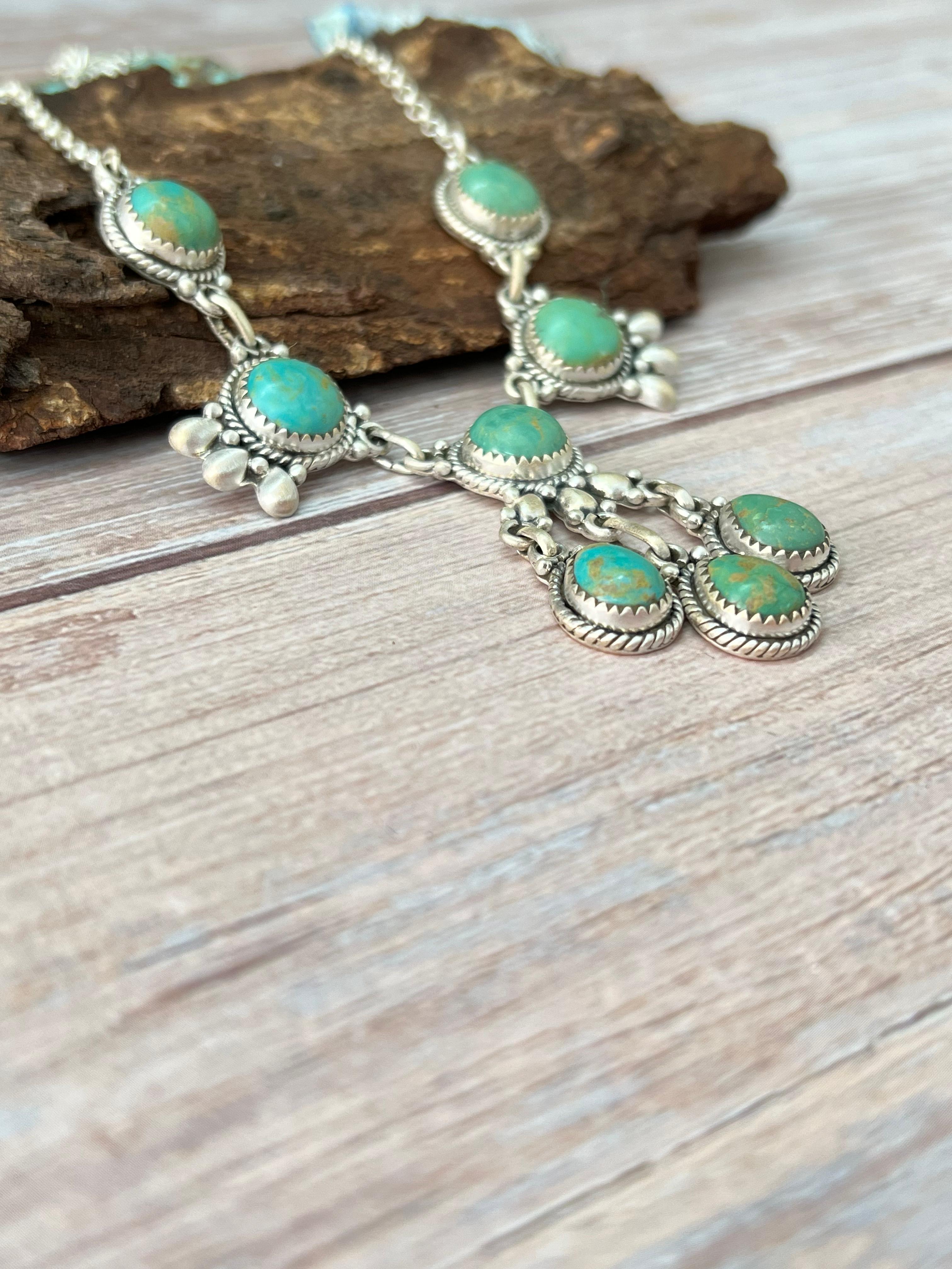 Handmade Sterling Silver Kingman Turquoise Necklace with Signed Nizhoni