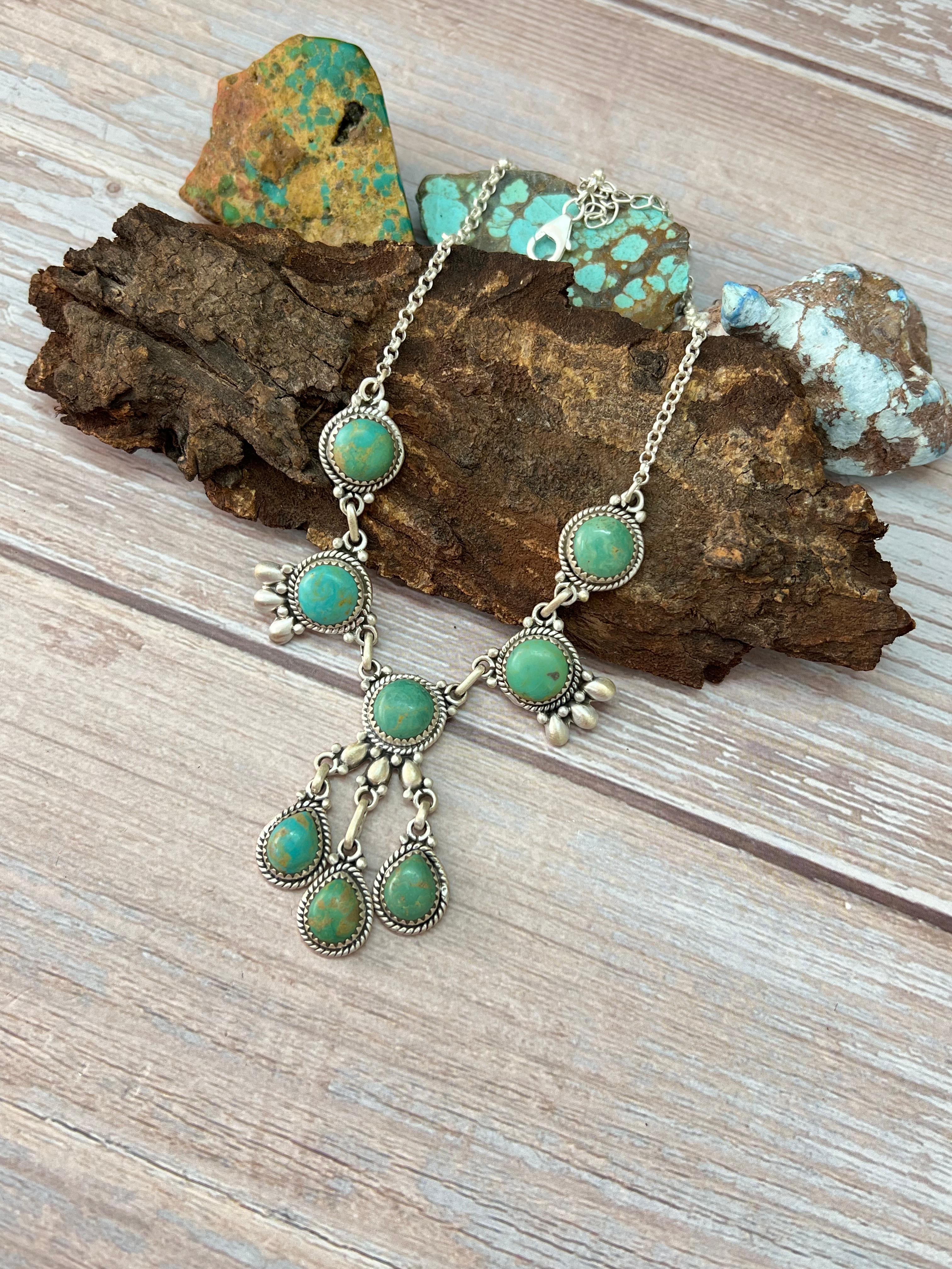 Handmade Sterling Silver Kingman Turquoise Necklace with Signed Nizhoni