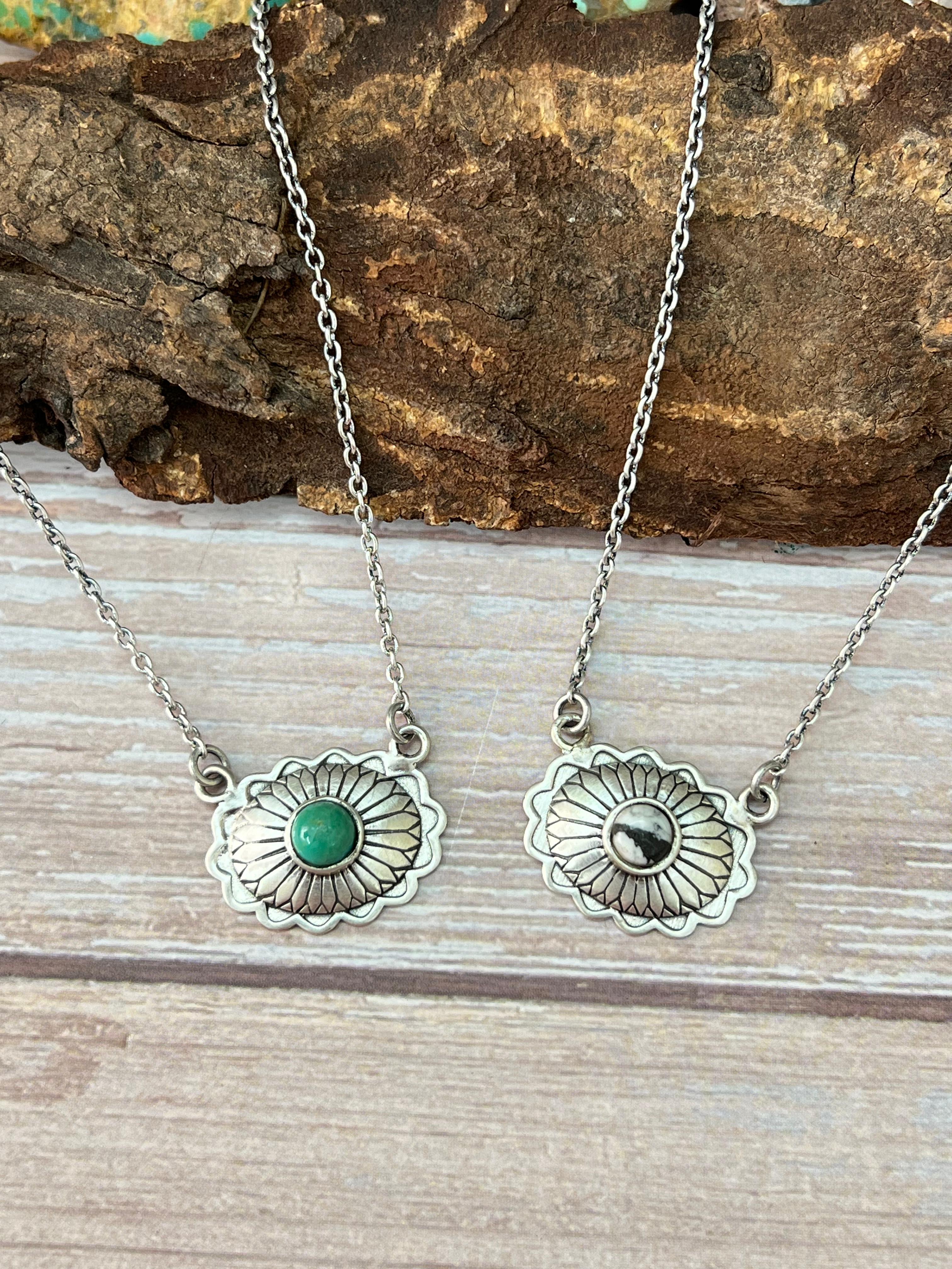 Handmade Sterling Silver Kingman Turquoise, White Buffalo Necklace with Signed Nizhoni