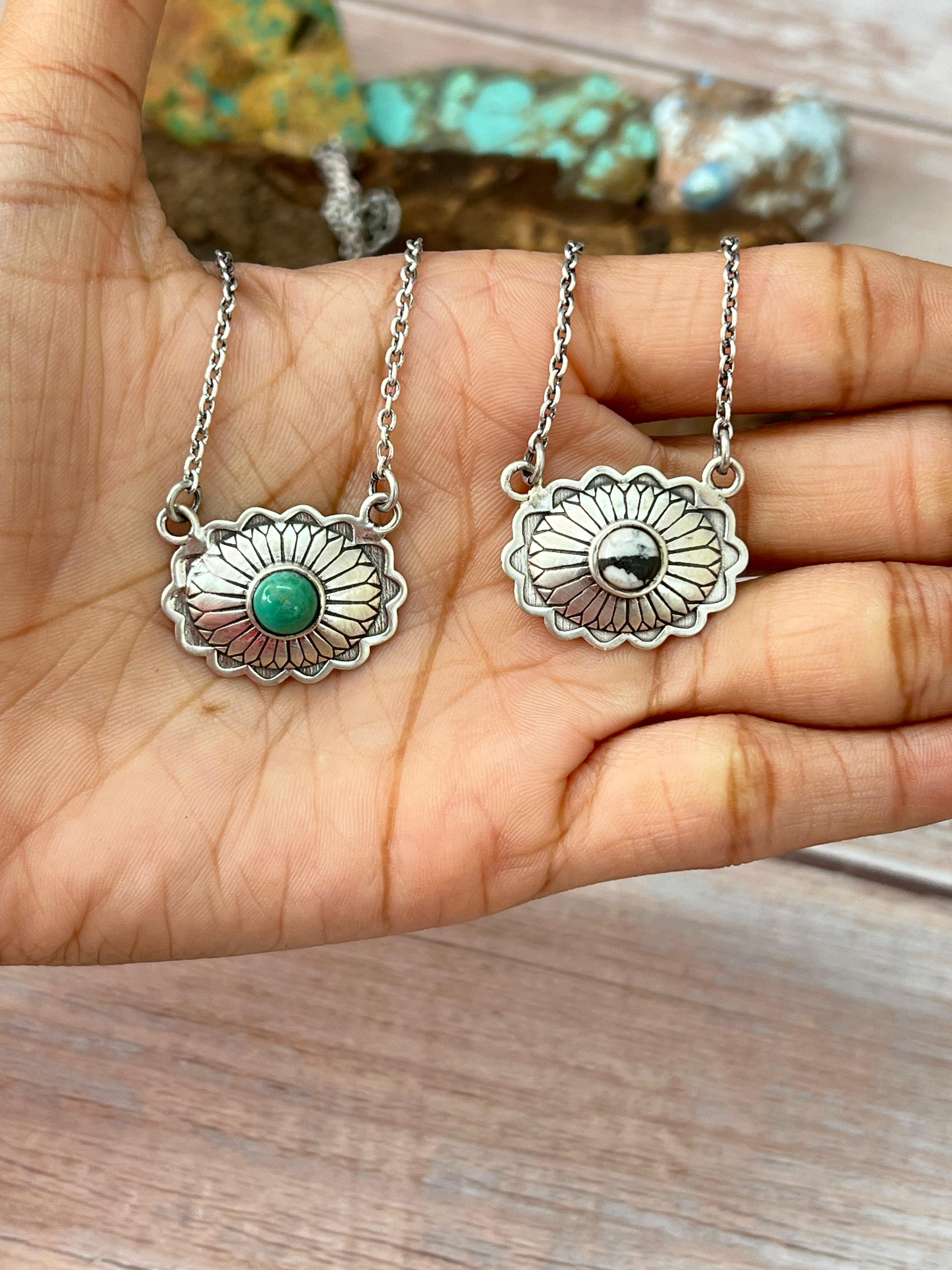 Handmade Sterling Silver Kingman Turquoise, White Buffalo Necklace with Signed Nizhoni