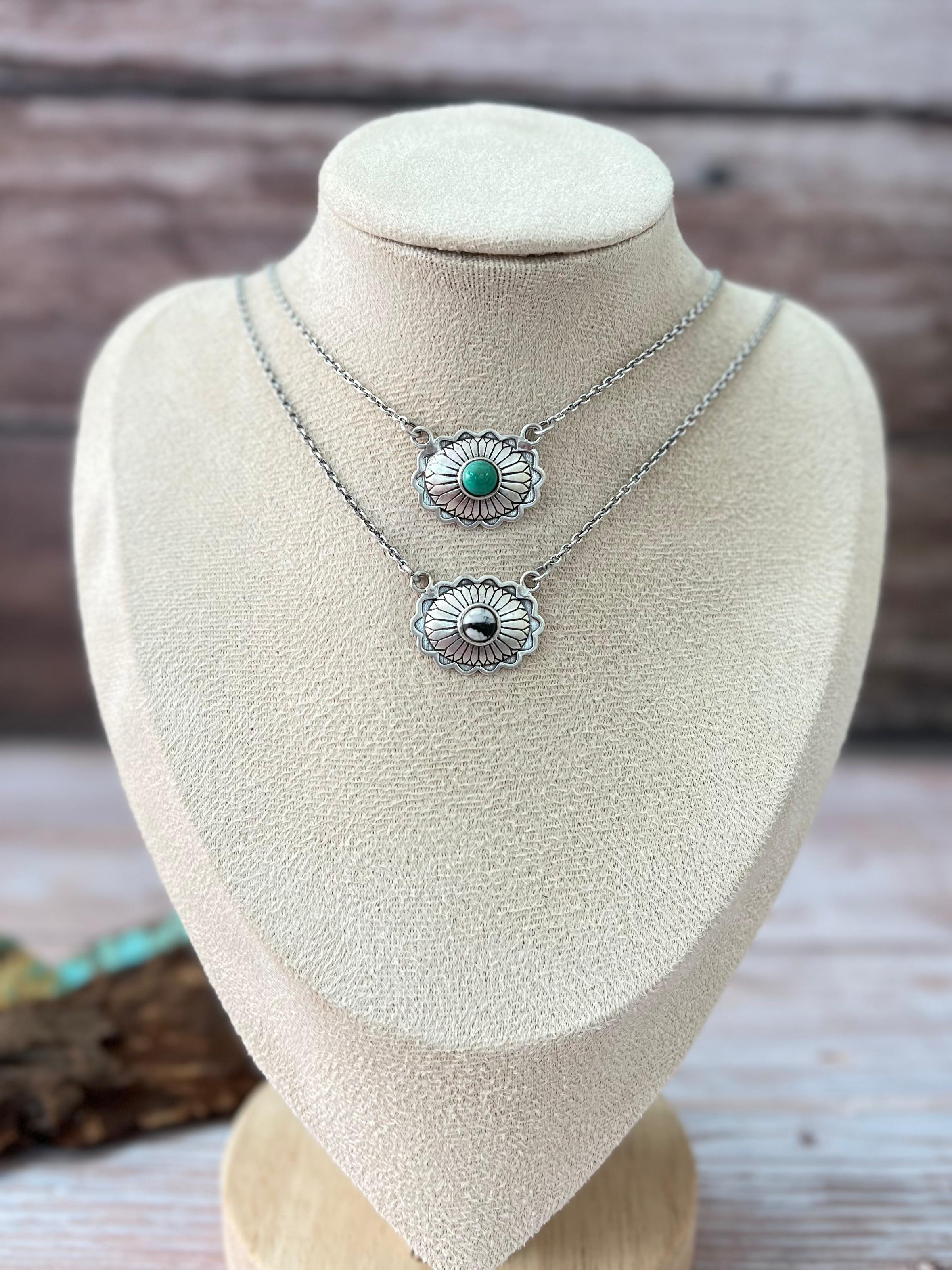 Handmade Sterling Silver Kingman Turquoise, White Buffalo Necklace with Signed Nizhoni