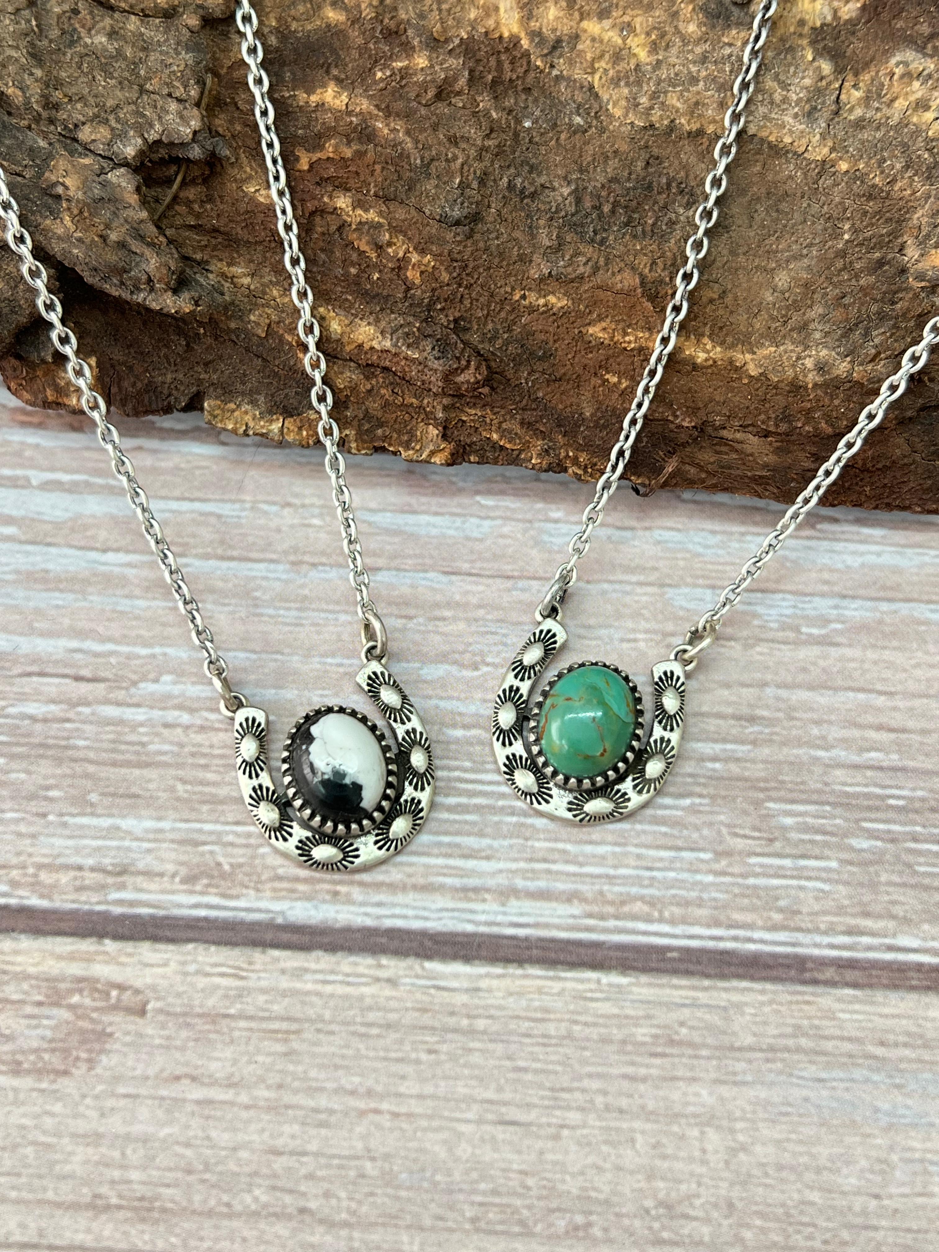 Handmade Sterling Silver Kingman Turquoise, White Buffalo Horse Shoe Necklace with Signed Nizhoni