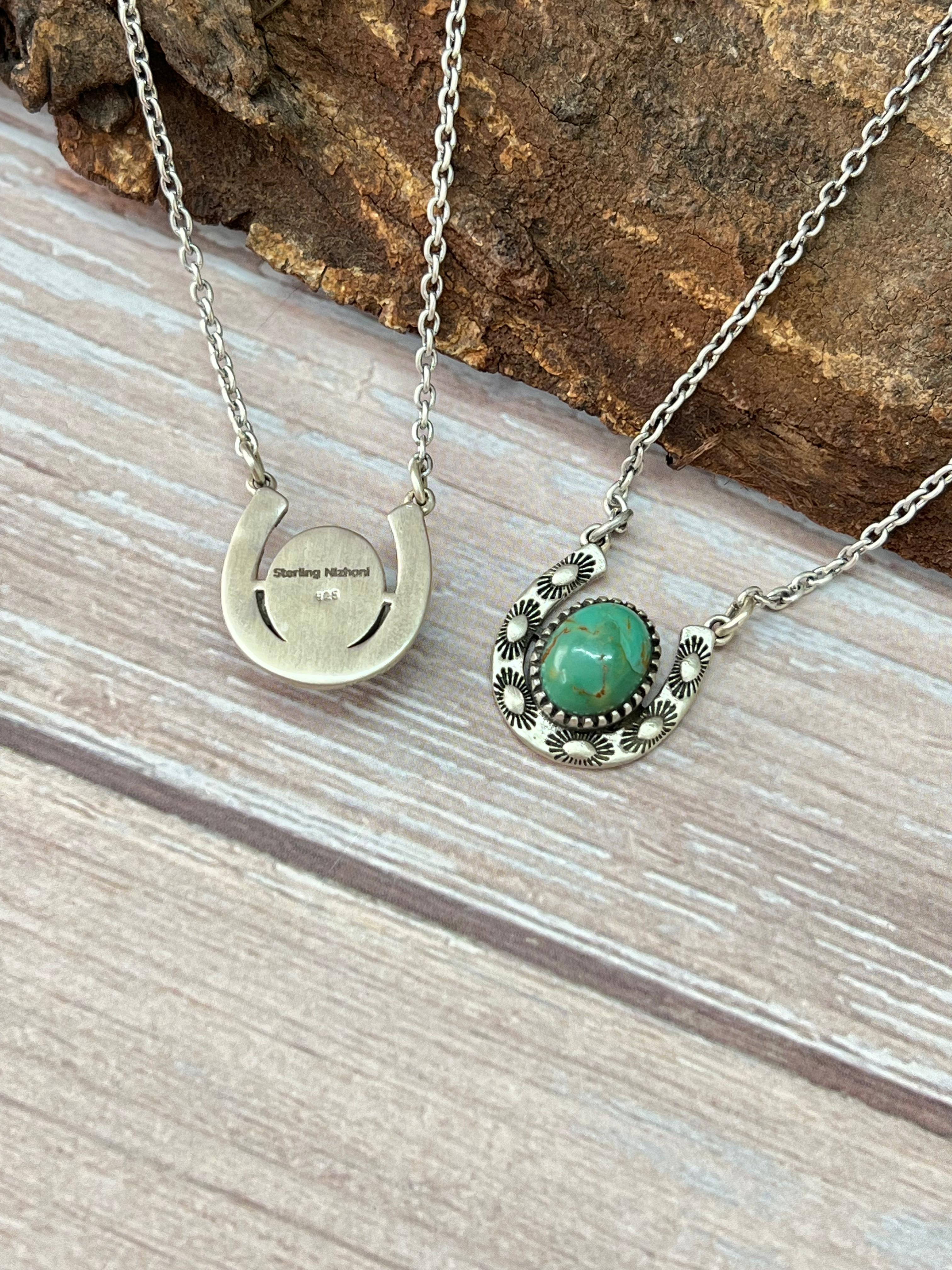 Handmade Sterling Silver Kingman Turquoise, White Buffalo Horse Shoe Necklace with Signed Nizhoni