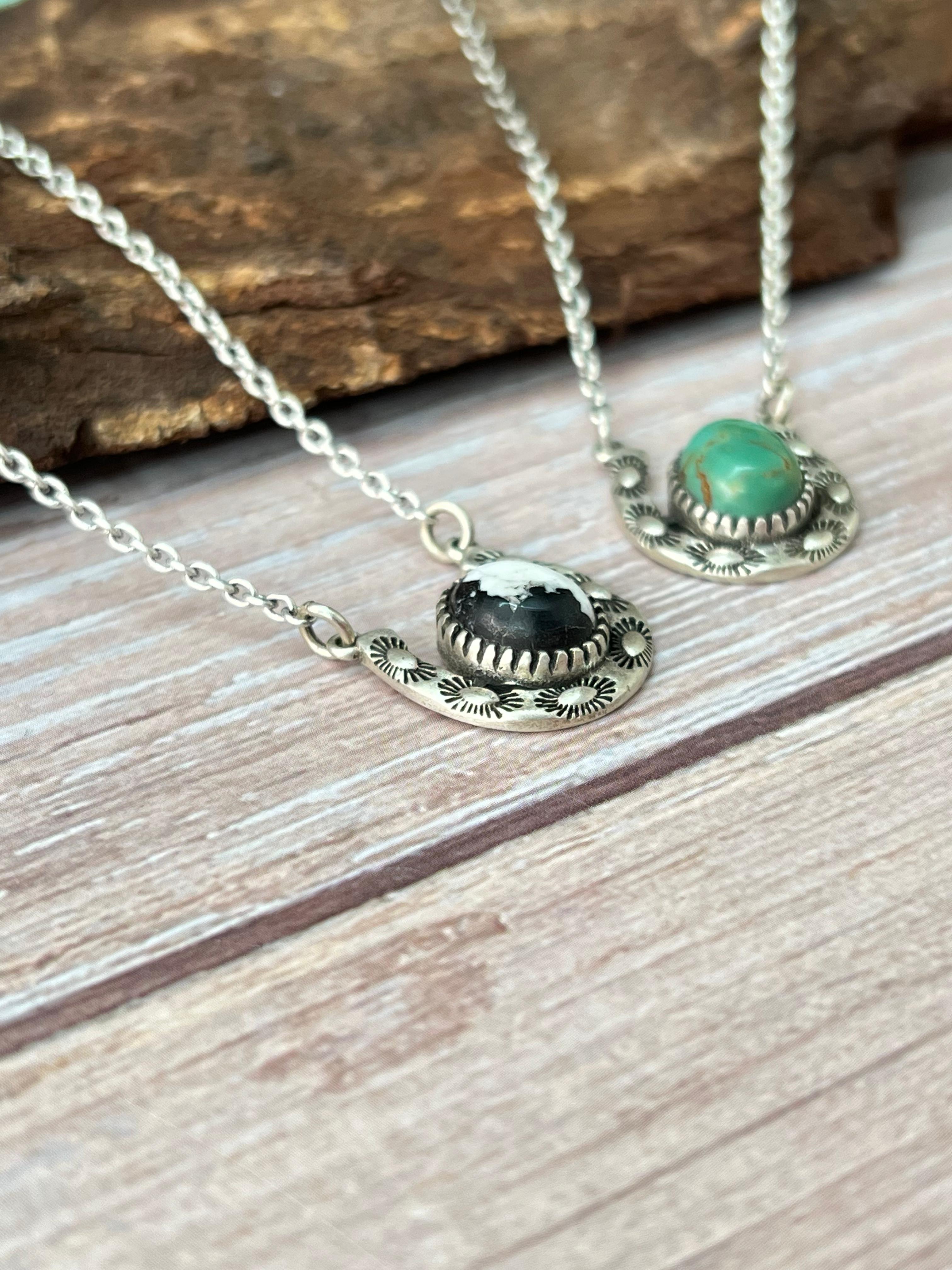 Handmade Sterling Silver Kingman Turquoise, White Buffalo Horse Shoe Necklace with Signed Nizhoni