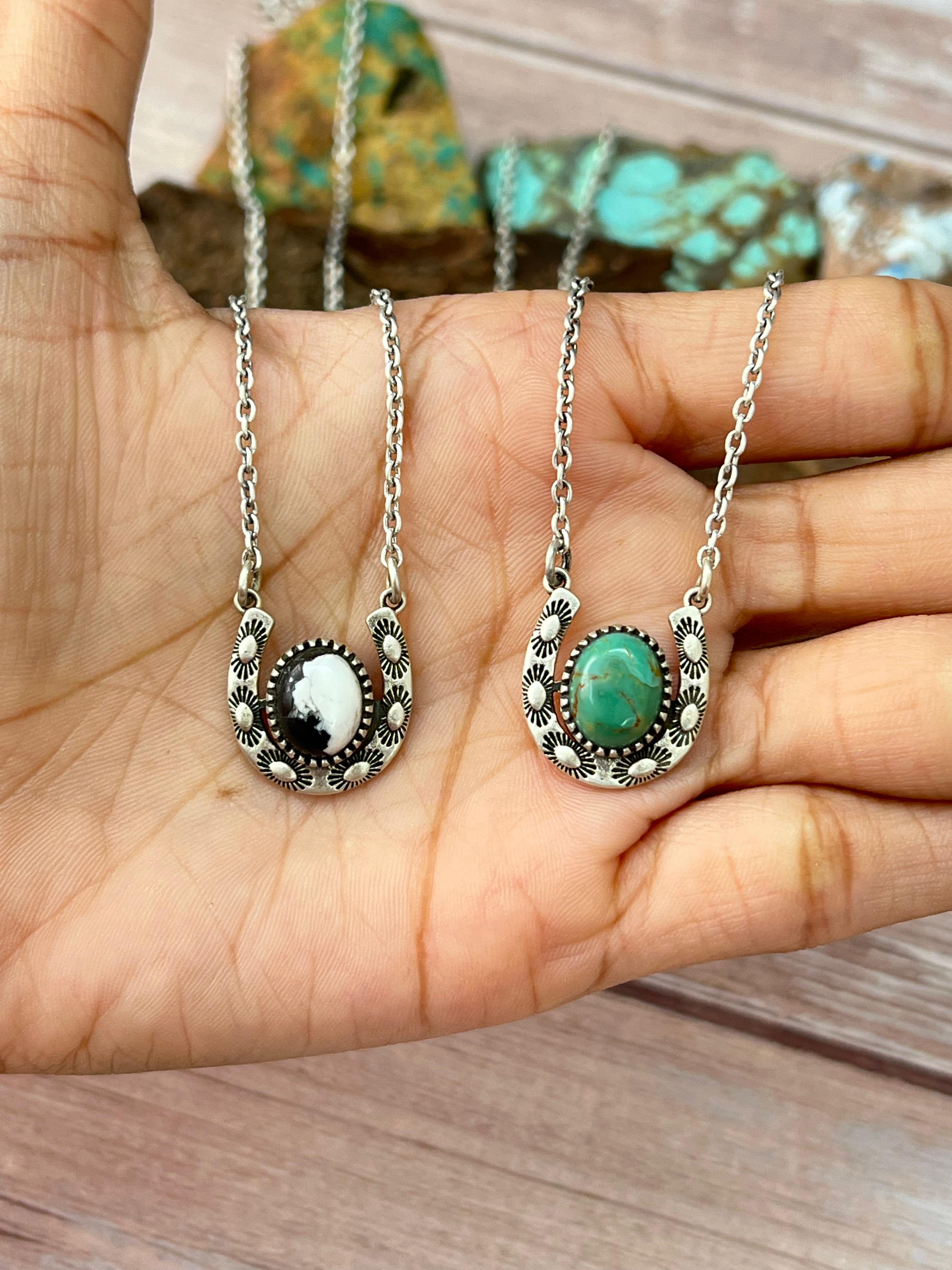 Handmade Sterling Silver Kingman Turquoise, White Buffalo Horse Shoe Necklace with Signed Nizhoni