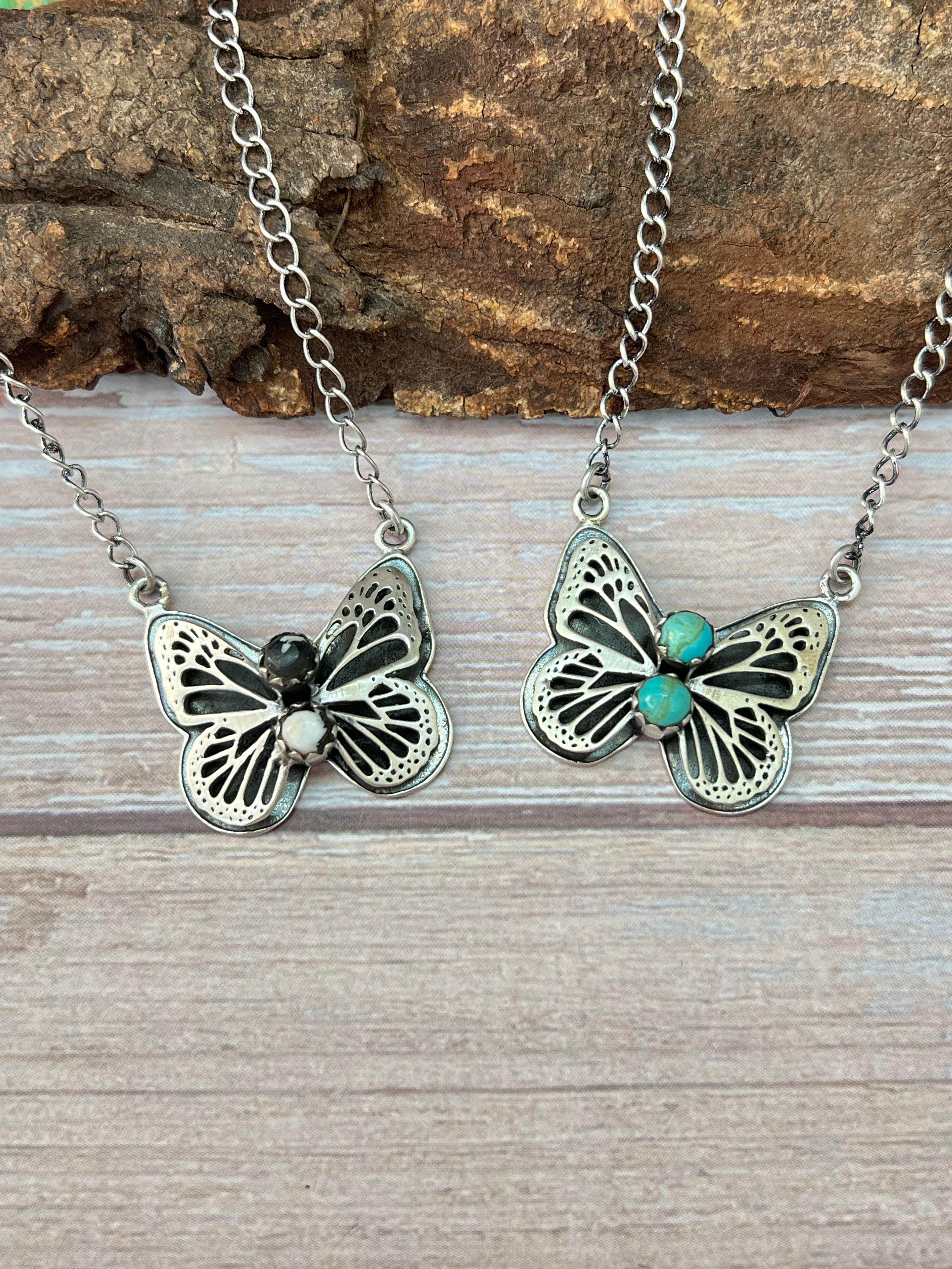 Handmade Sterling Silver Kingman Turquoise, White Buffalo Butterfly Necklace with Signed Nizhoni