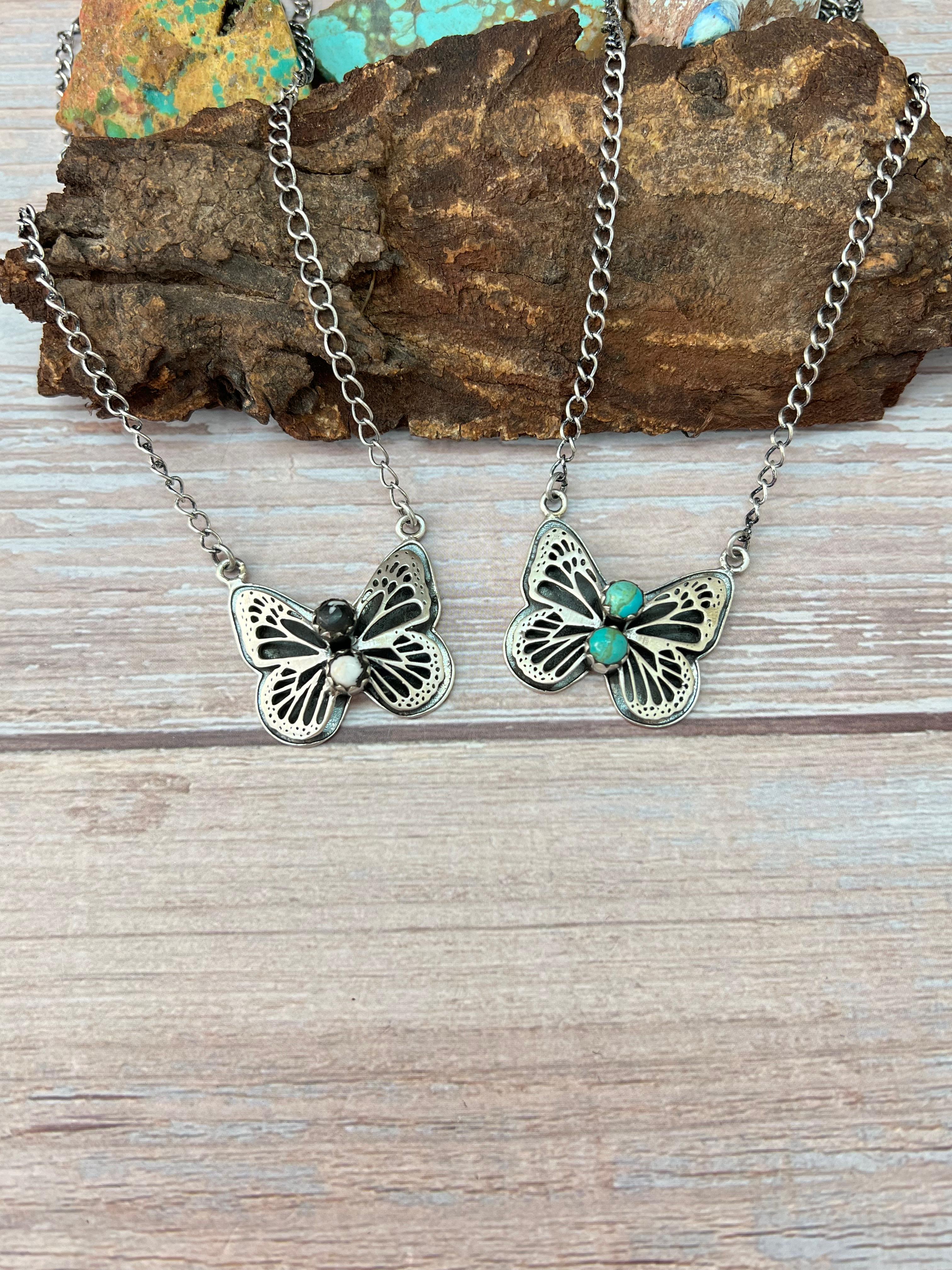 Handmade Sterling Silver Kingman Turquoise, White Buffalo Butterfly Necklace with Signed Nizhoni