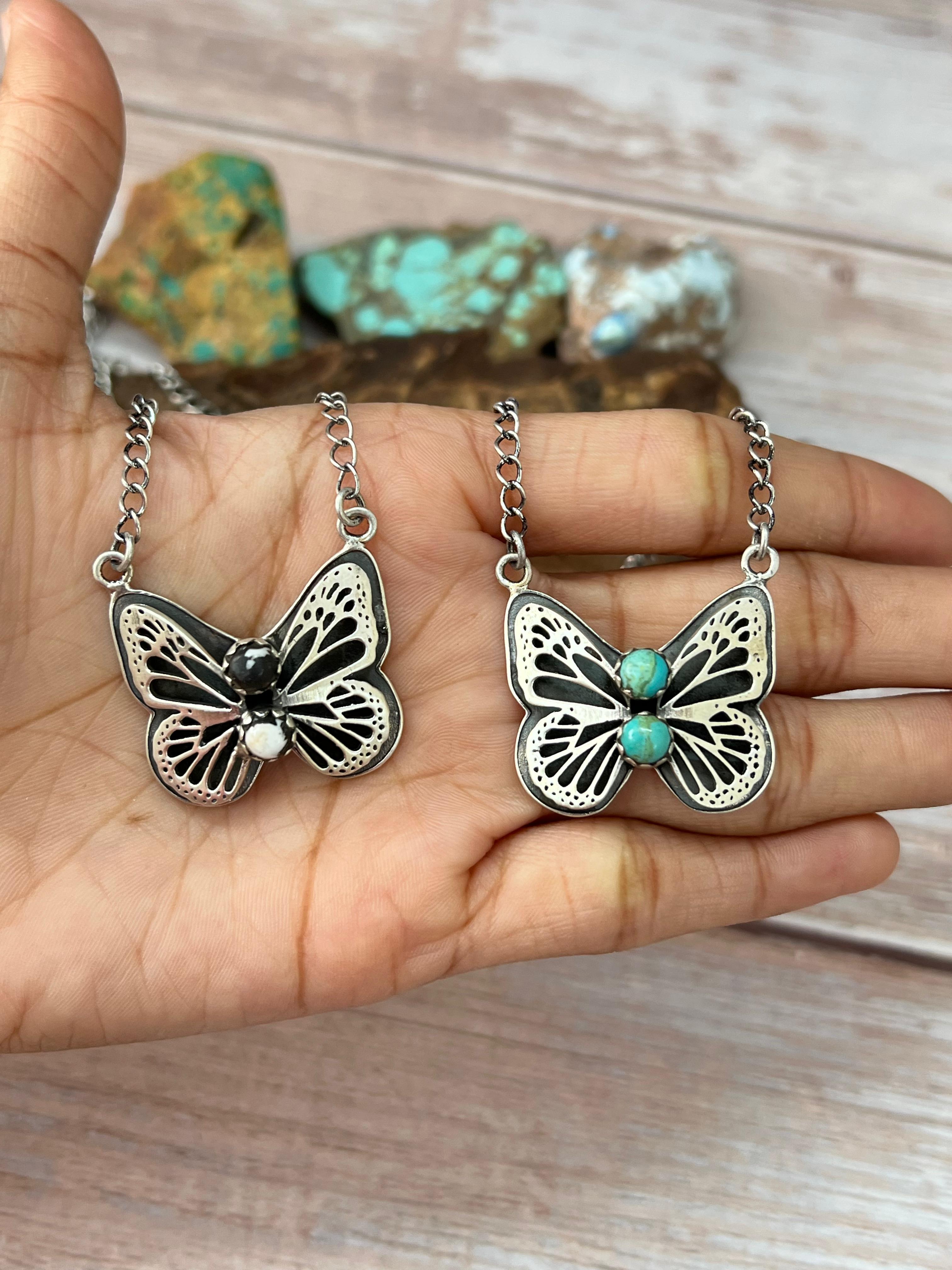 Handmade Sterling Silver Kingman Turquoise, White Buffalo Butterfly Necklace with Signed Nizhoni