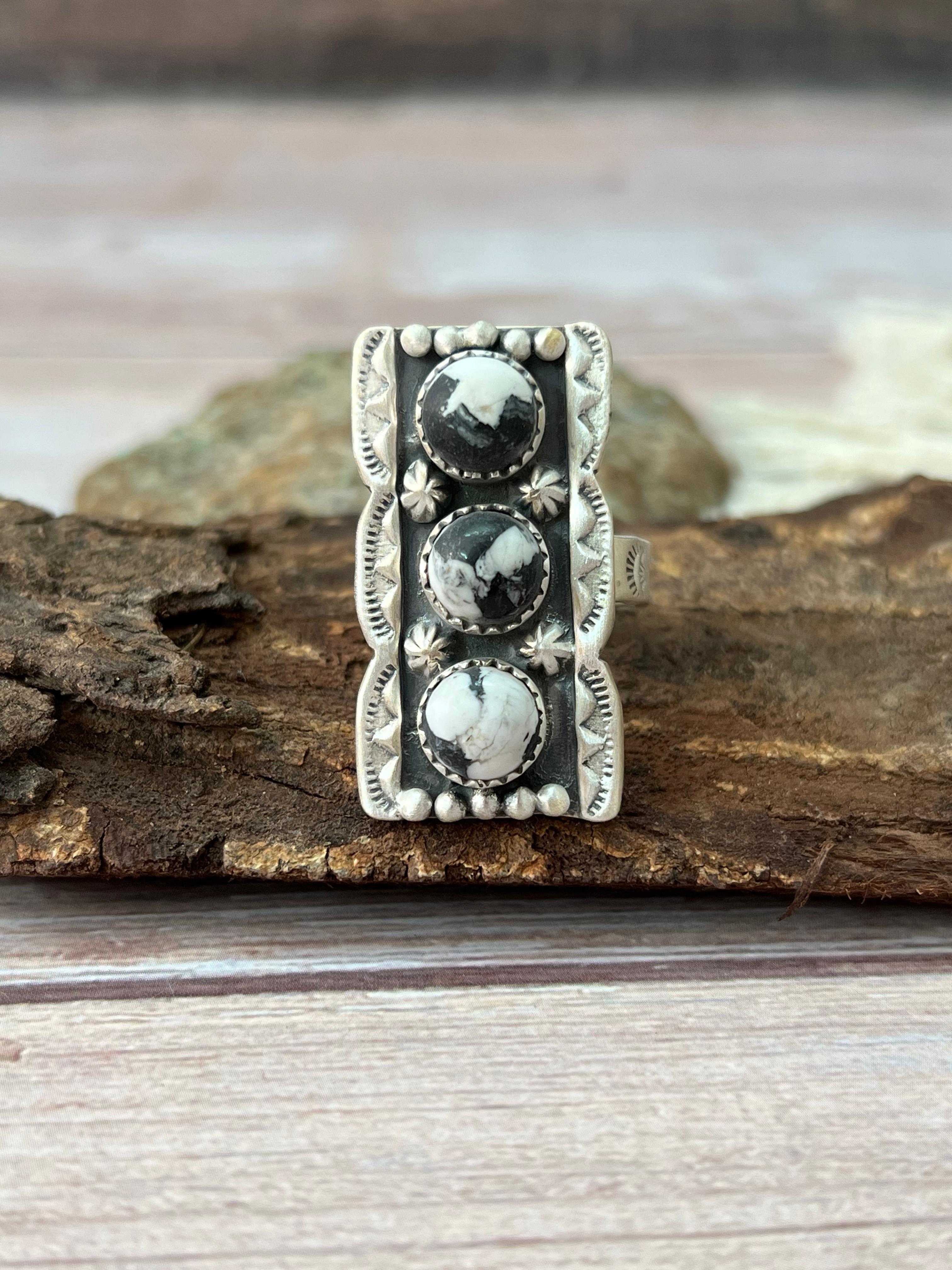 Handmade Sterling Silver White Buffalo Adjustable Rings with Signed Nizhoni