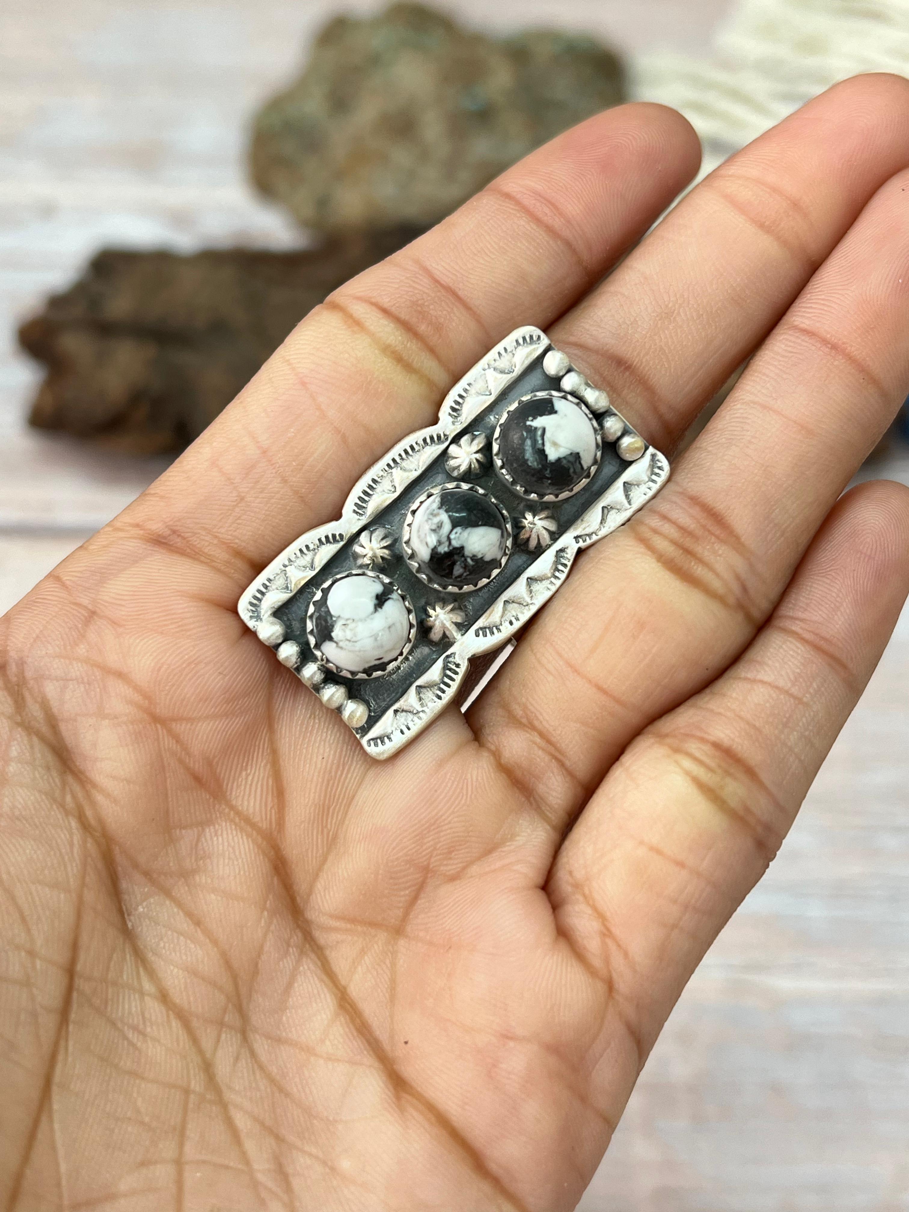 Handmade Sterling Silver White Buffalo Adjustable Rings with Signed Nizhoni