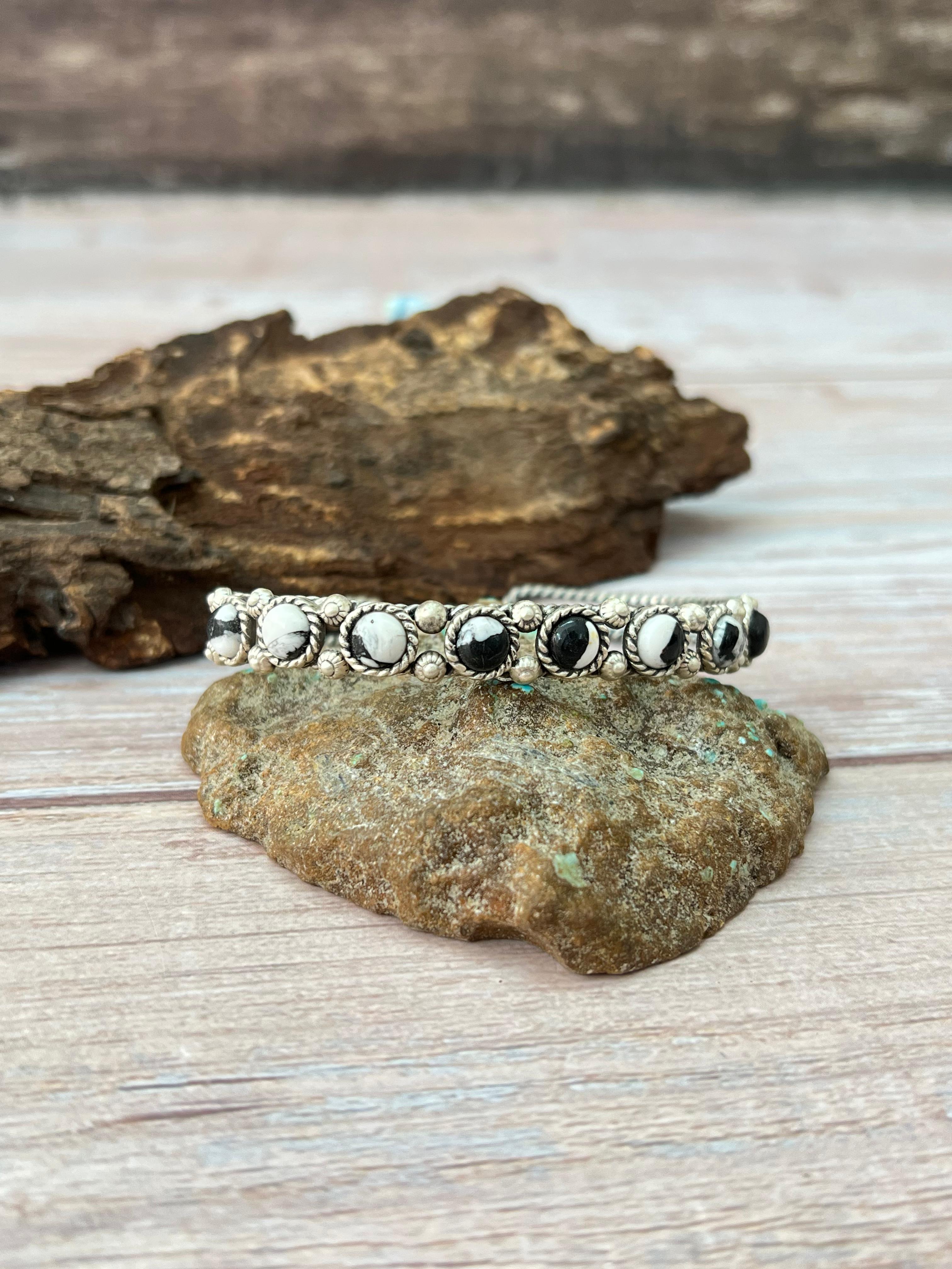 Handmade Sterling Silver White Buffalo Bracelet with Signed Nizhoni