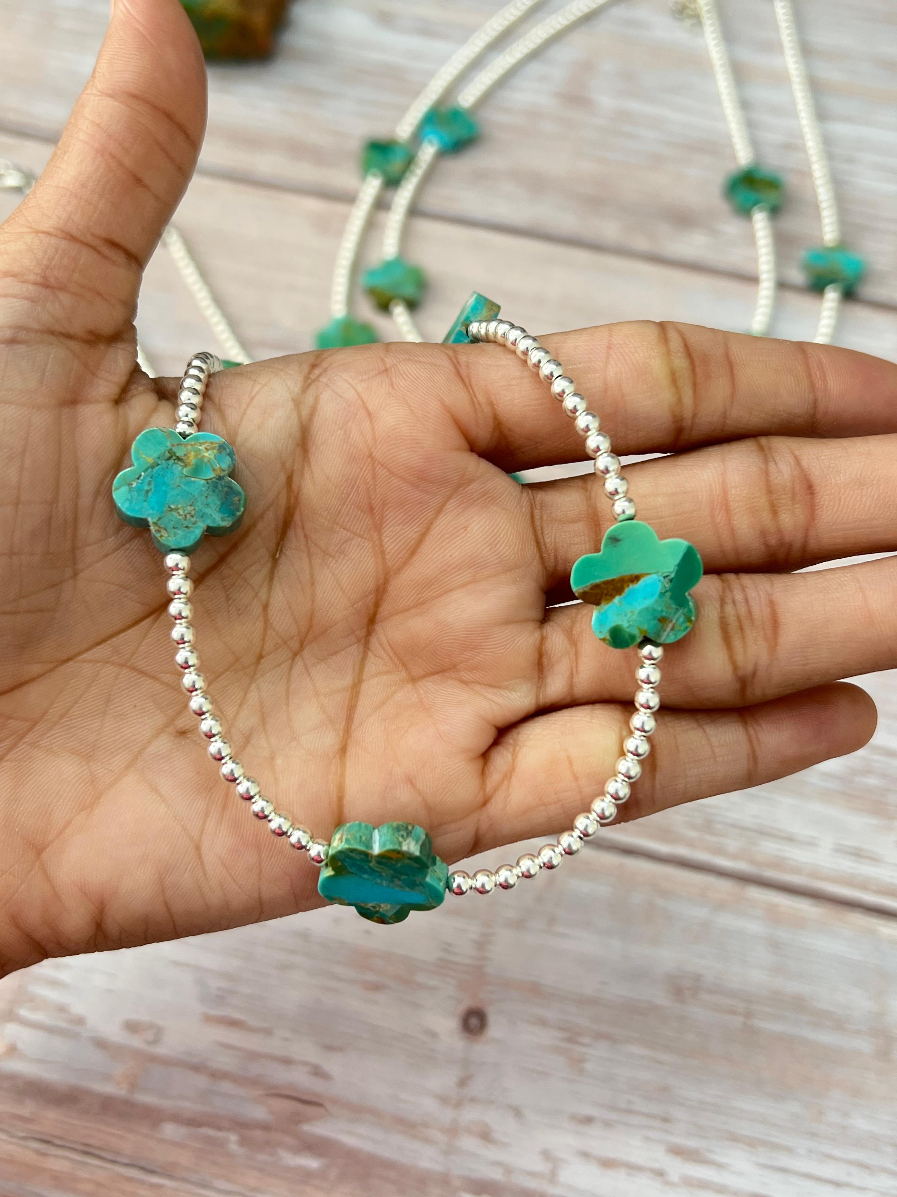 Handmade Sterling Silver Kingman Turquoise Beaded Flower Necklace