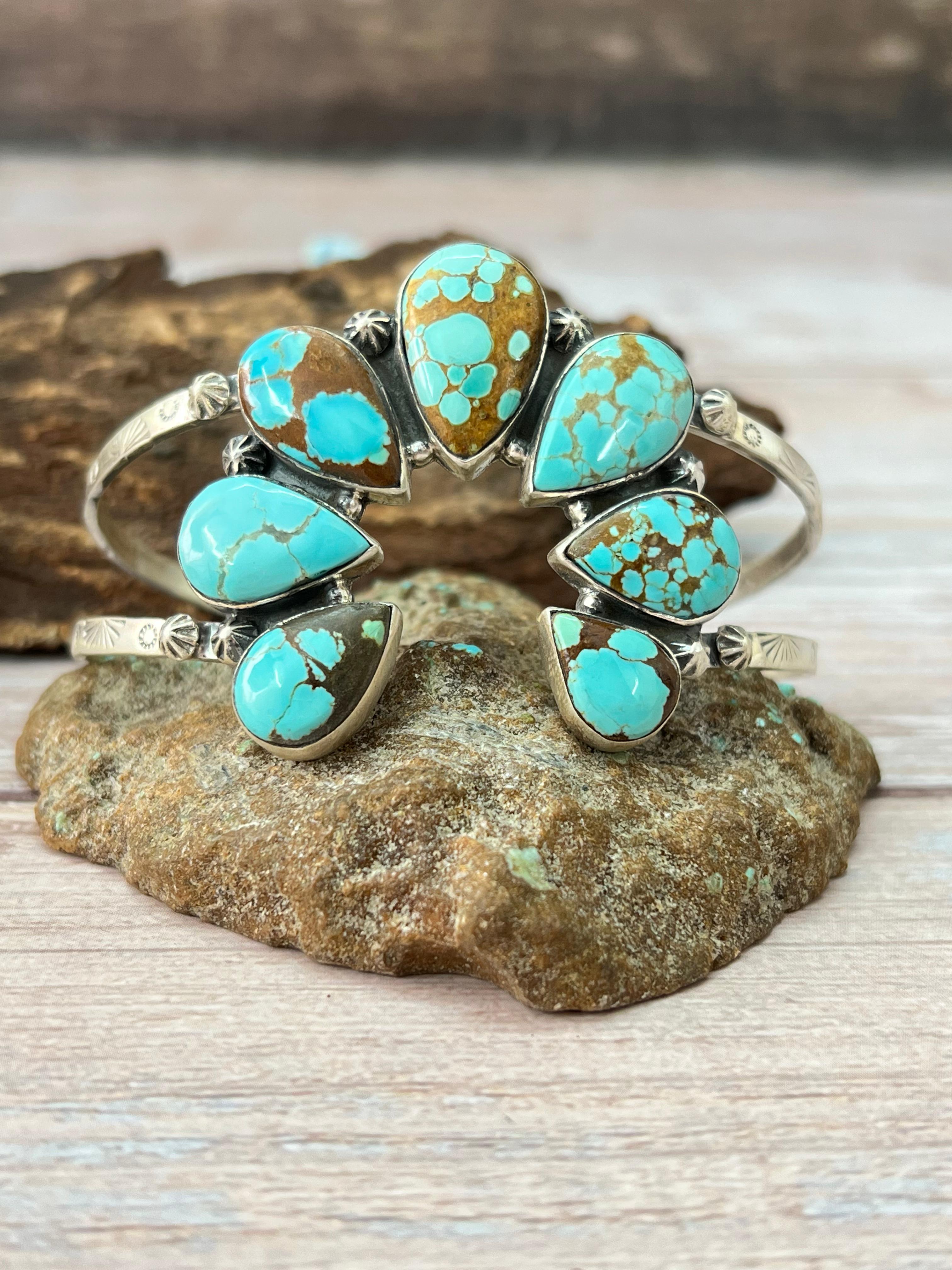 Handmade Sterling Silver Number 8 Turquoise Naja Bracelet with Signed Nizhoni