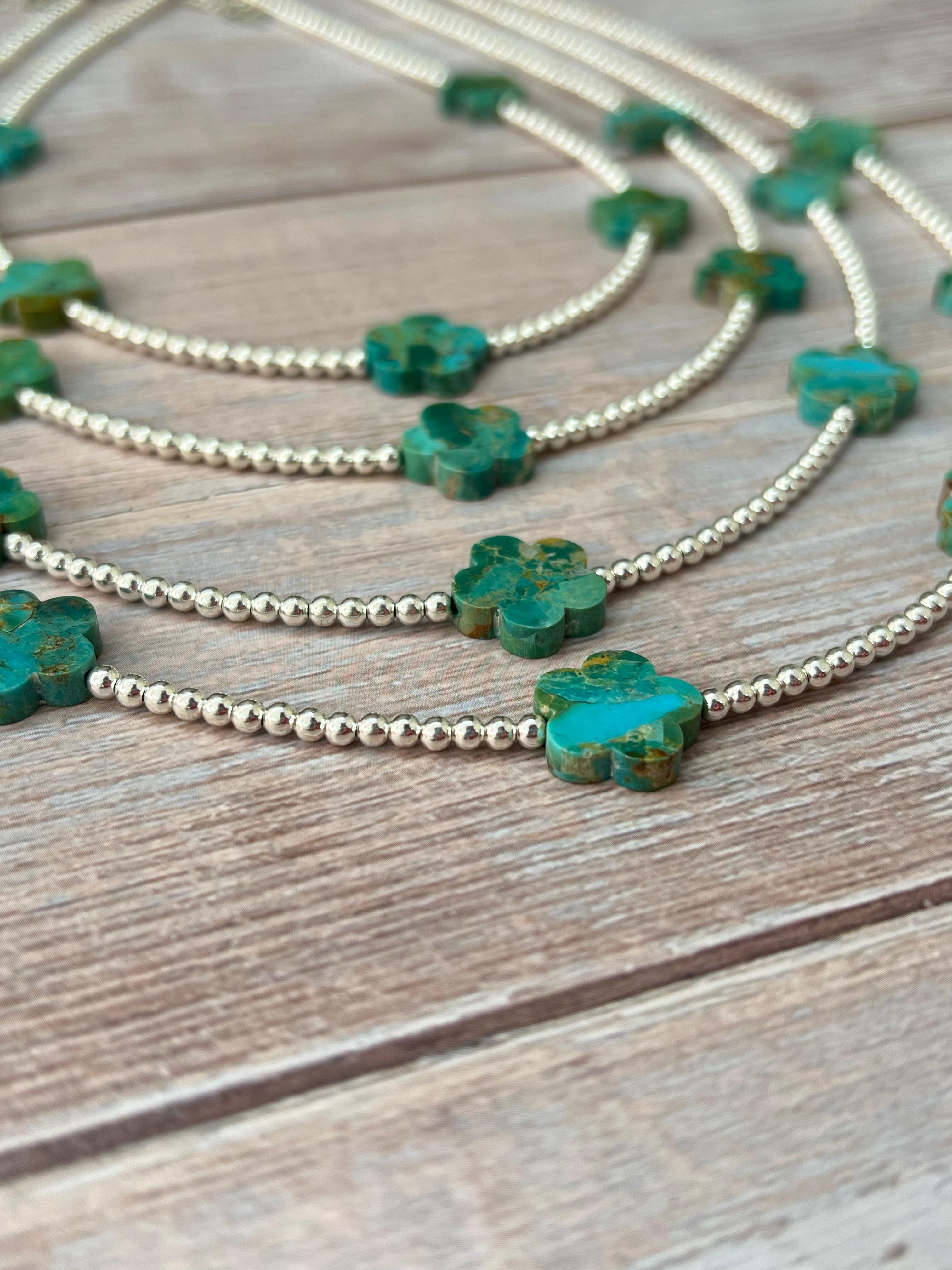 Handmade Sterling Silver Kingman Turquoise Beaded Flower Necklace