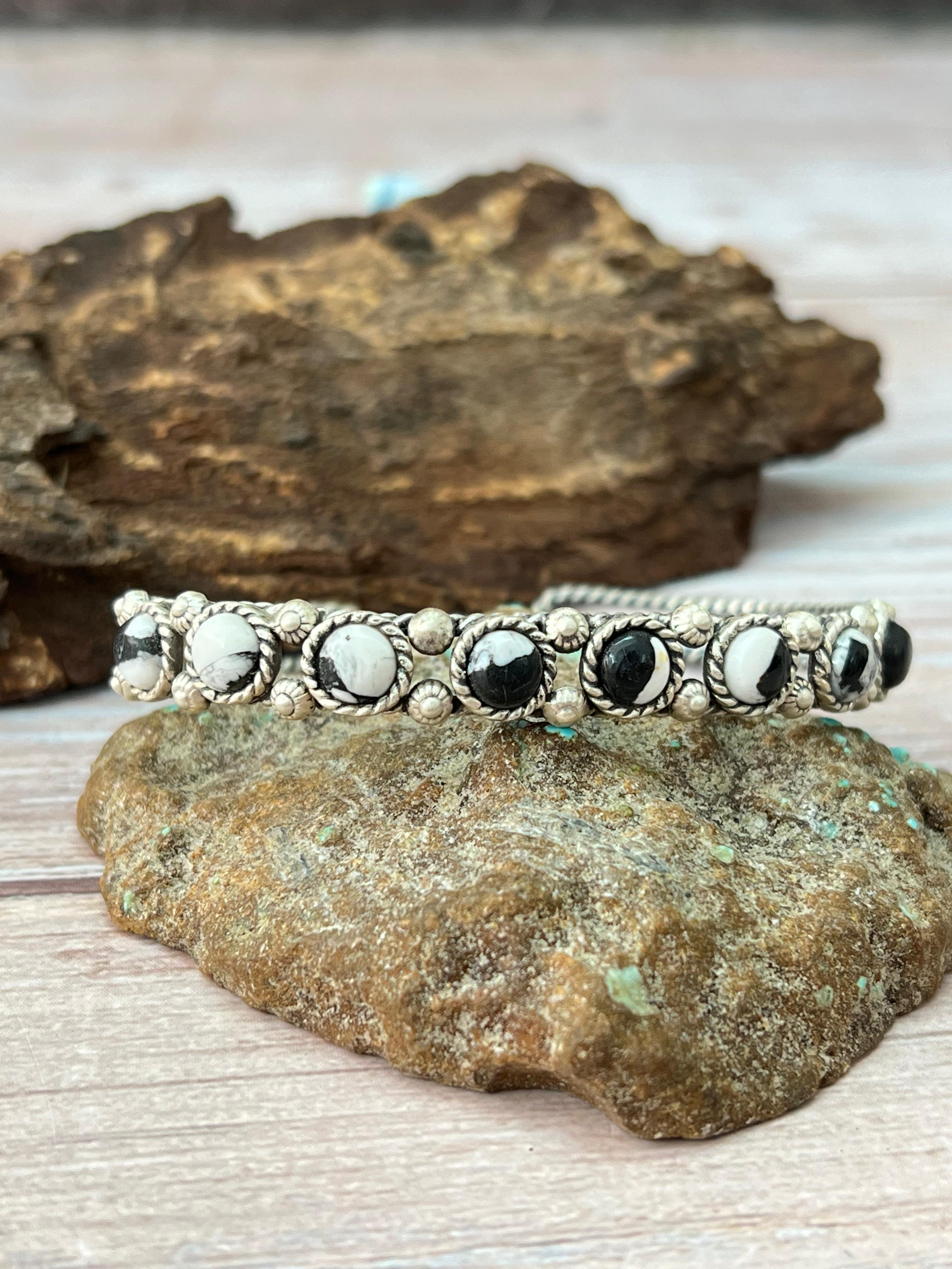 Handmade Sterling Silver White Buffalo Bracelet with Signed Nizhoni