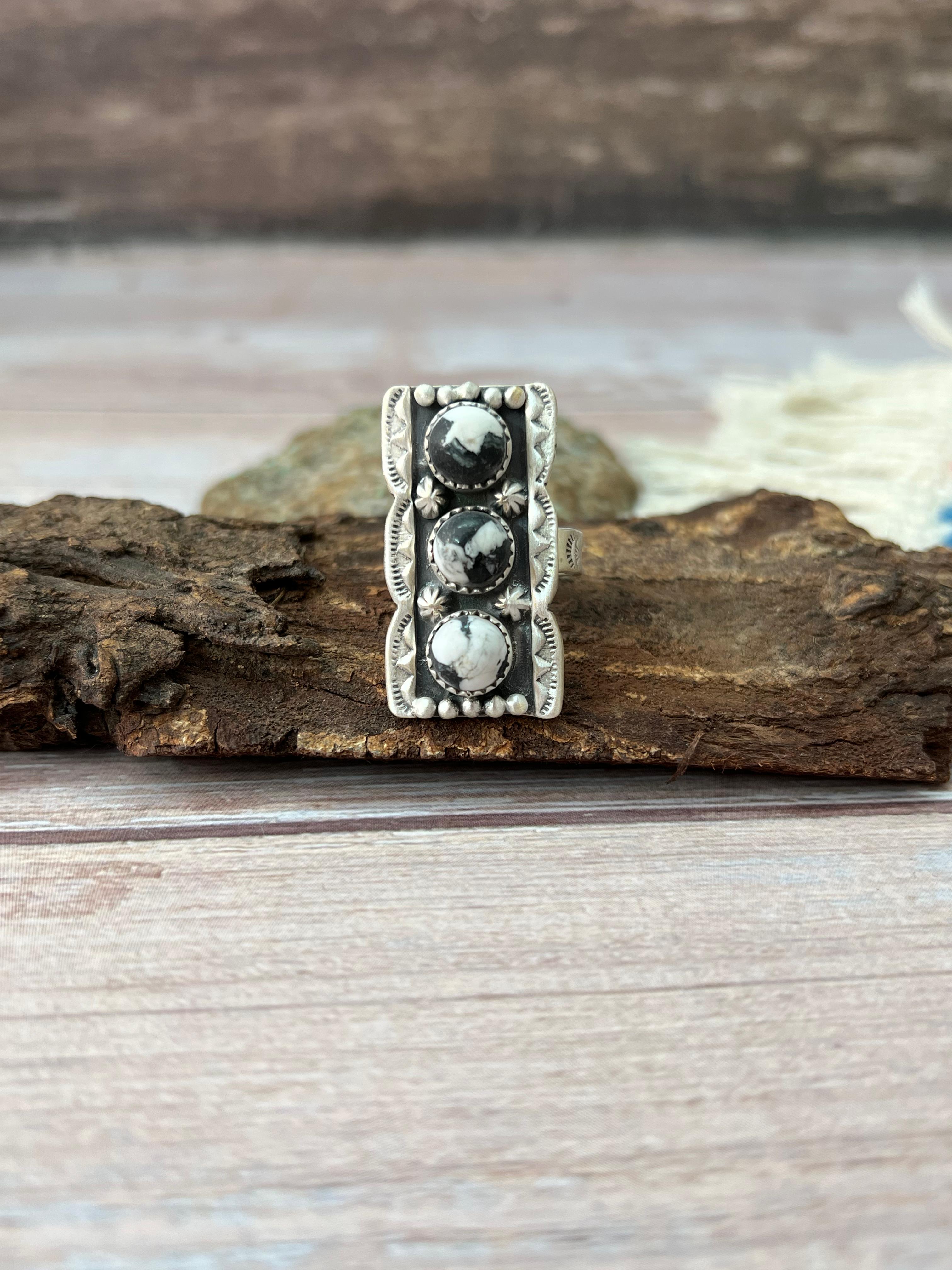 Handmade Sterling Silver White Buffalo Adjustable Rings with Signed Nizhoni