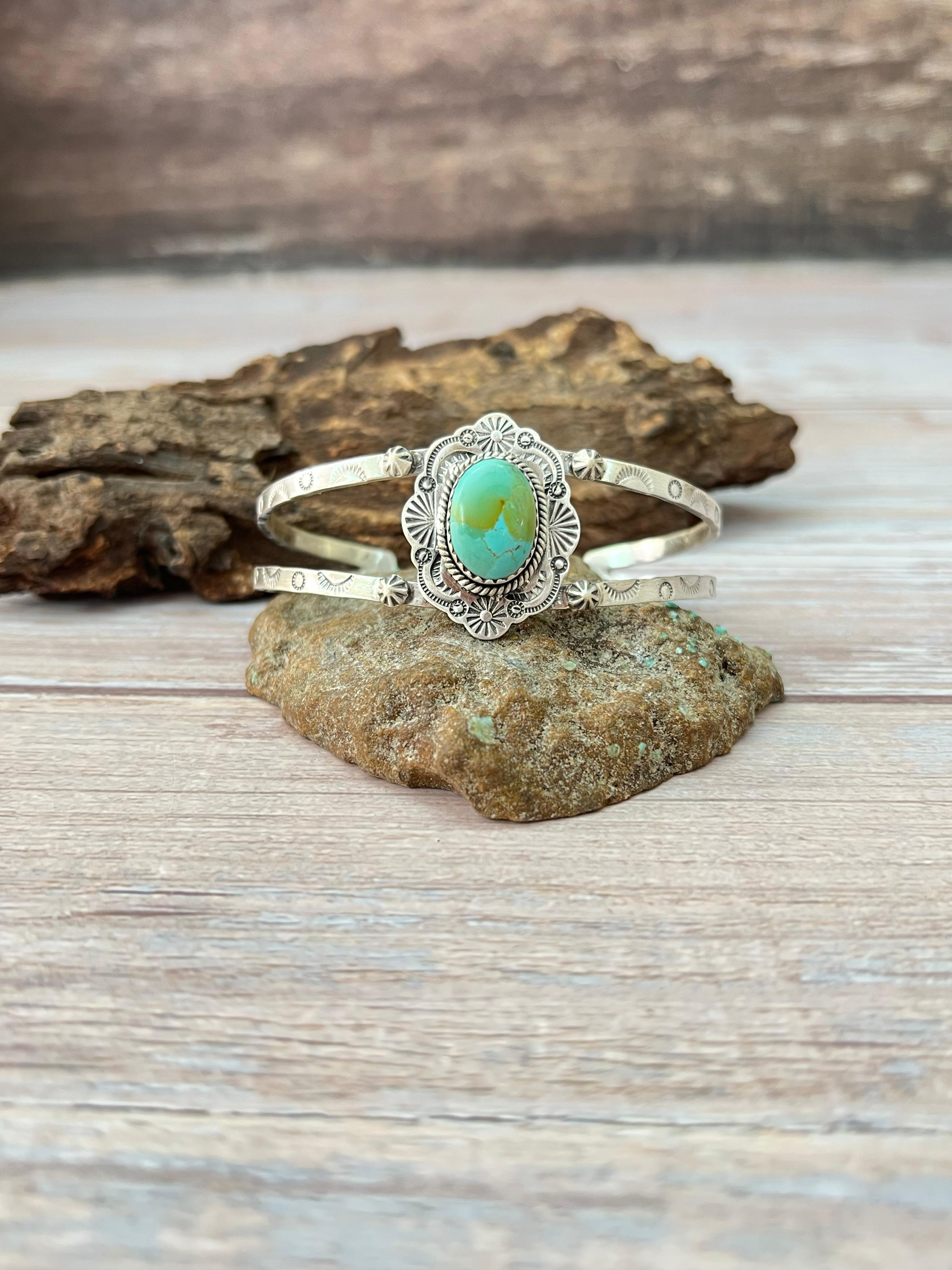 Handmade Sterling Silver Kingman Turquoise Bracelet with Signed Nizhoni