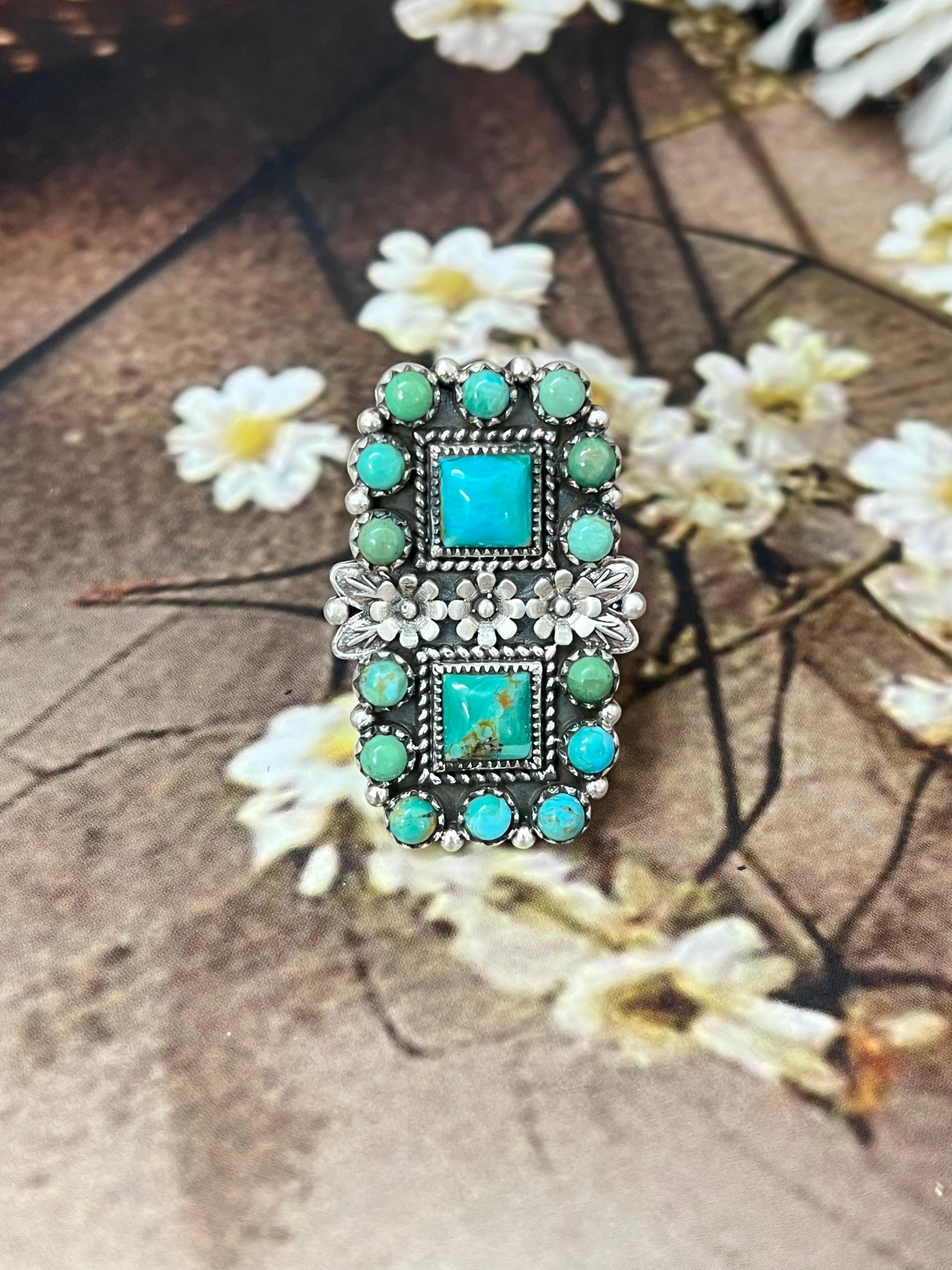 Handmade Sterling Silver Kingman Turquoise Adjustable Rings with Signed Nizhoni