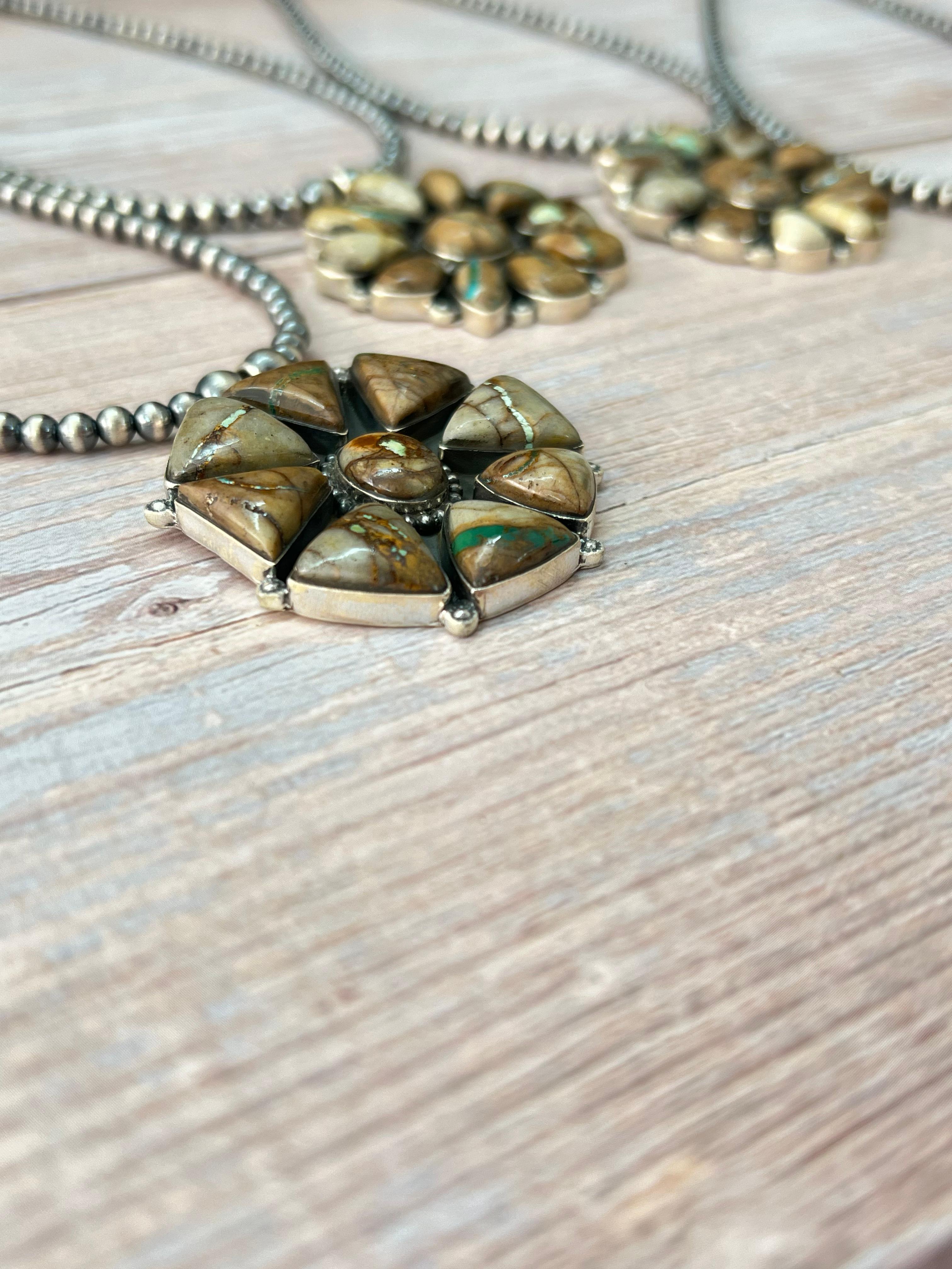 Handmade Sterling Silver Royston Ribbon Turquoise Beaded Necklace with Signed Nizhoni