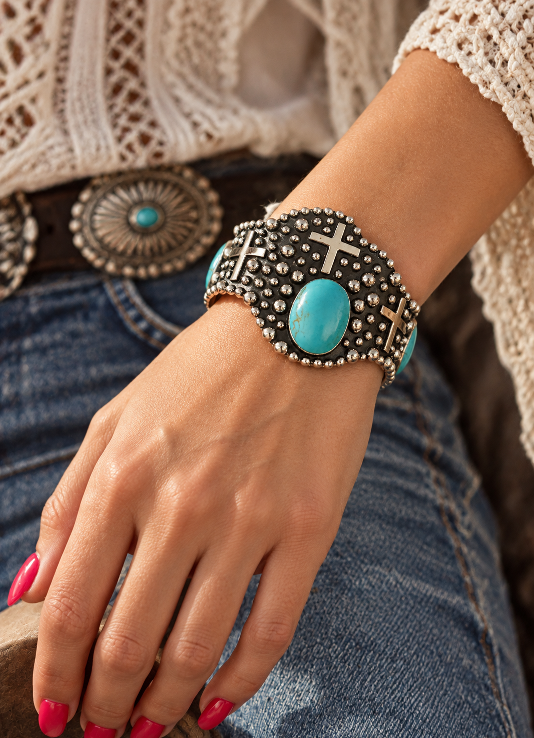 Turquoise Cross Cuff Sterling Silver Bracelet
