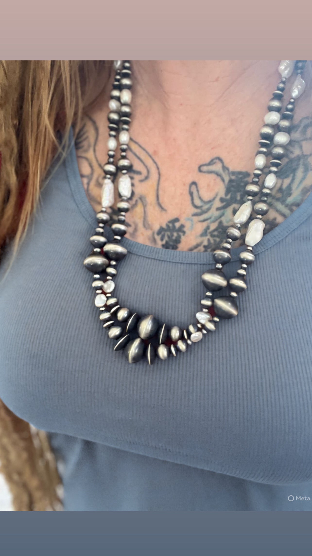 Handcrafted Sterling Silver and Freshwater Pearl Handmade Beaded Necklace by Rose Martin, 26 Inches