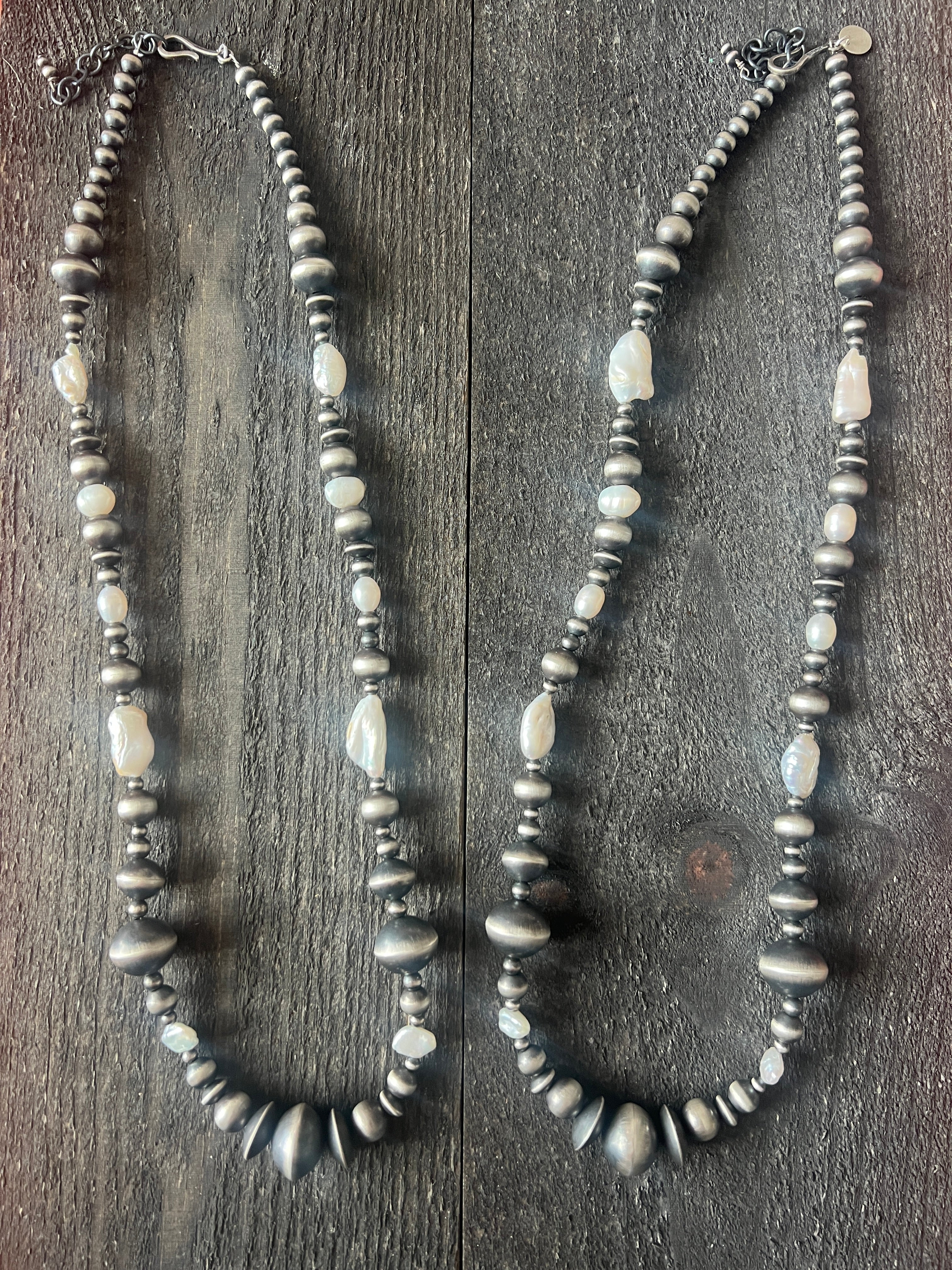 Handcrafted Sterling Silver and Freshwater Pearl Handmade Beaded Necklace by Rose Martin, 26 Inches