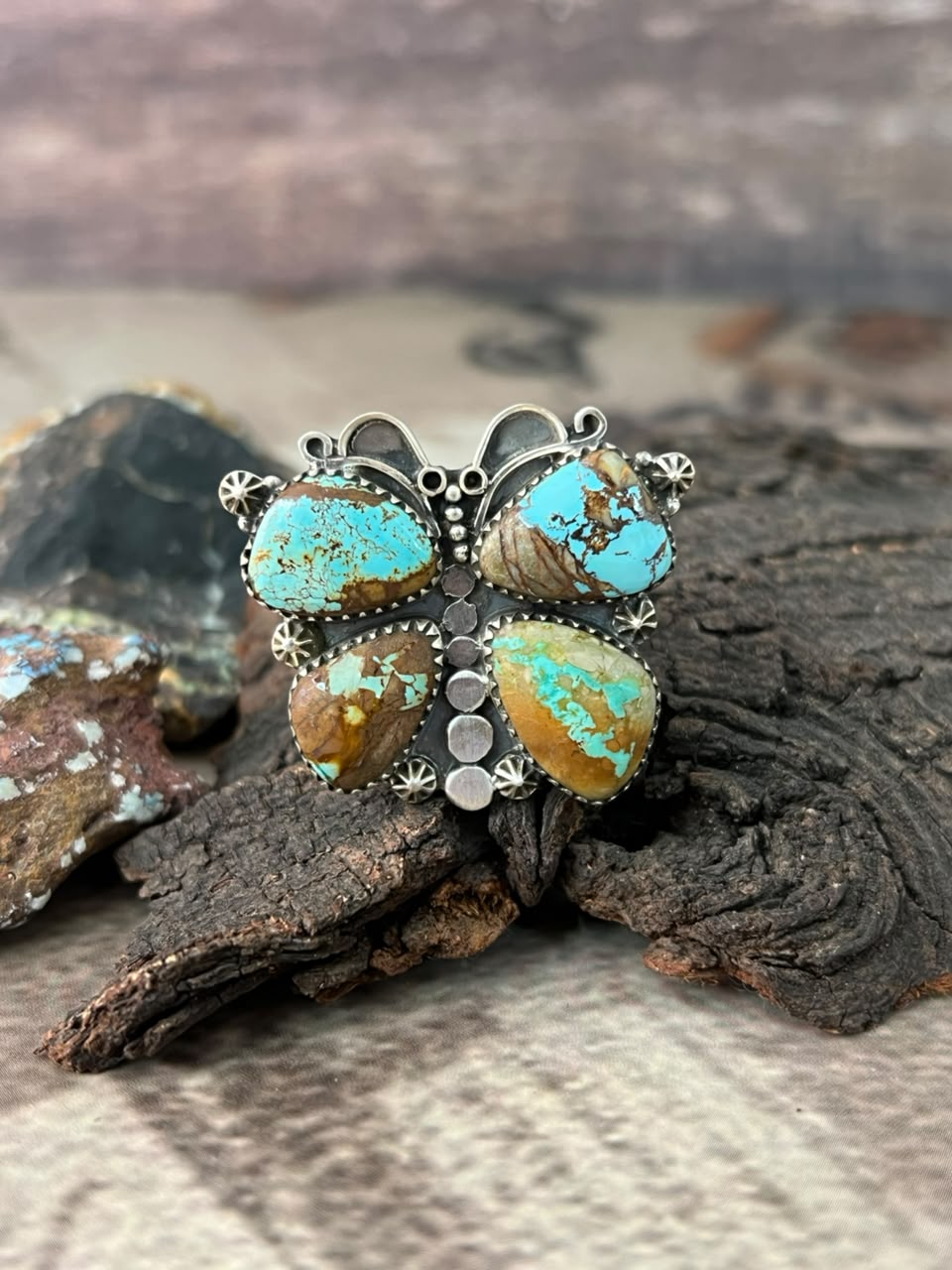 Handmade Sterling Silver Royston Ribbon Turquoise Butterfly Adjustable Ring "Signed Nizhoni"