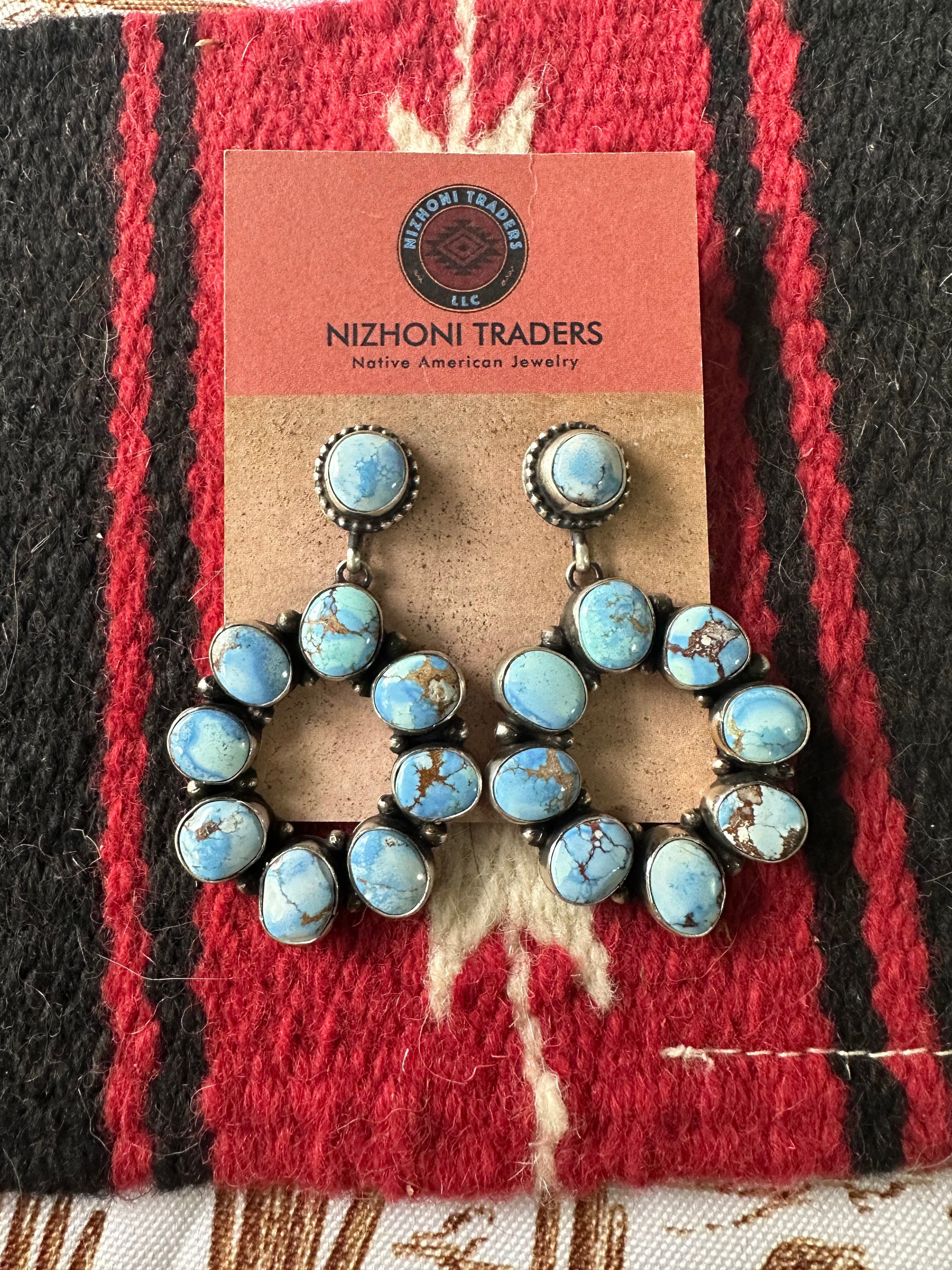 Handcrafted Golden Hills Turquoise & Sterling Silver Cluster Dangle Earrings Signed