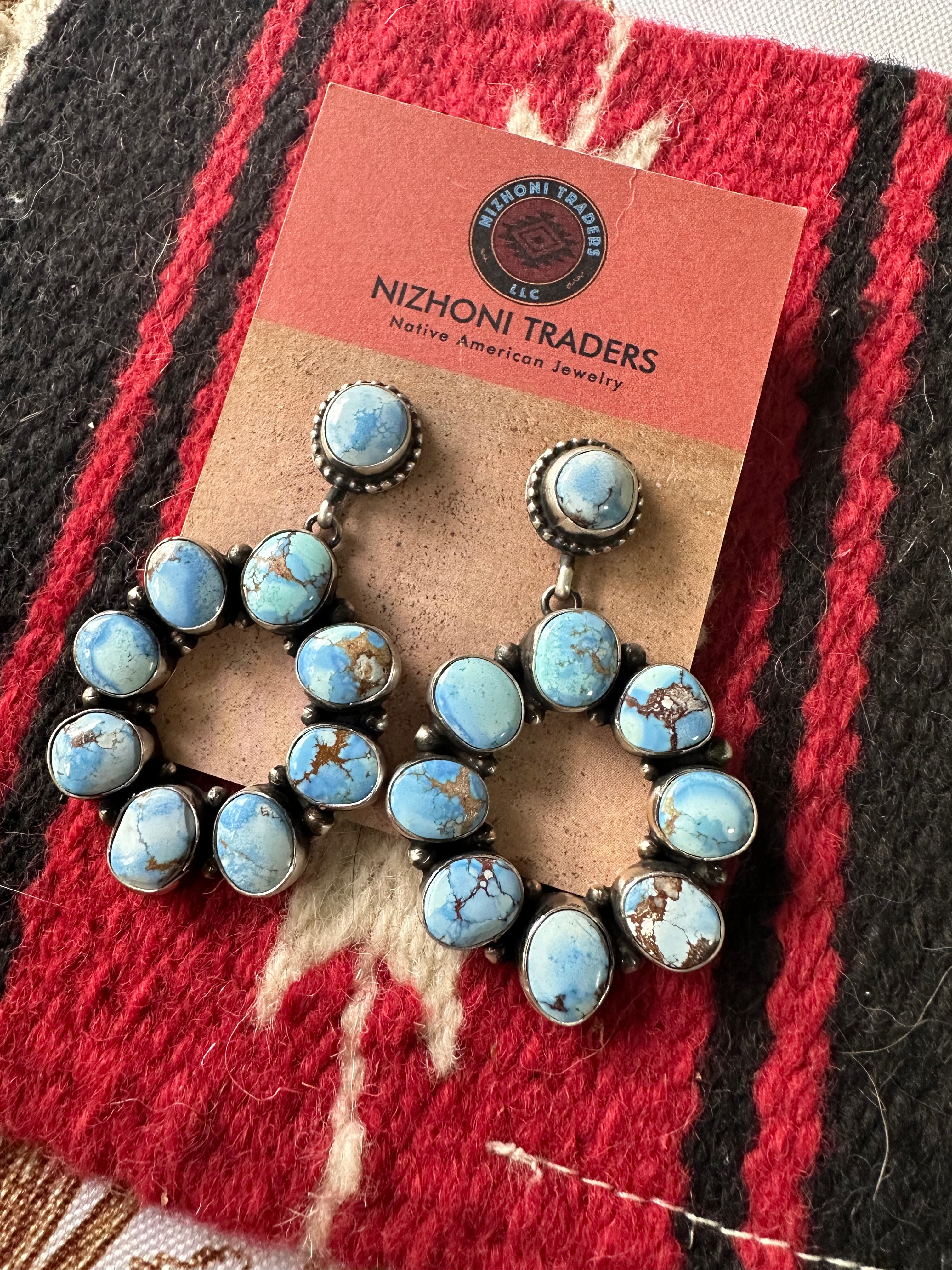 Handcrafted Golden Hills Turquoise & Sterling Silver Cluster Dangle Earrings Signed