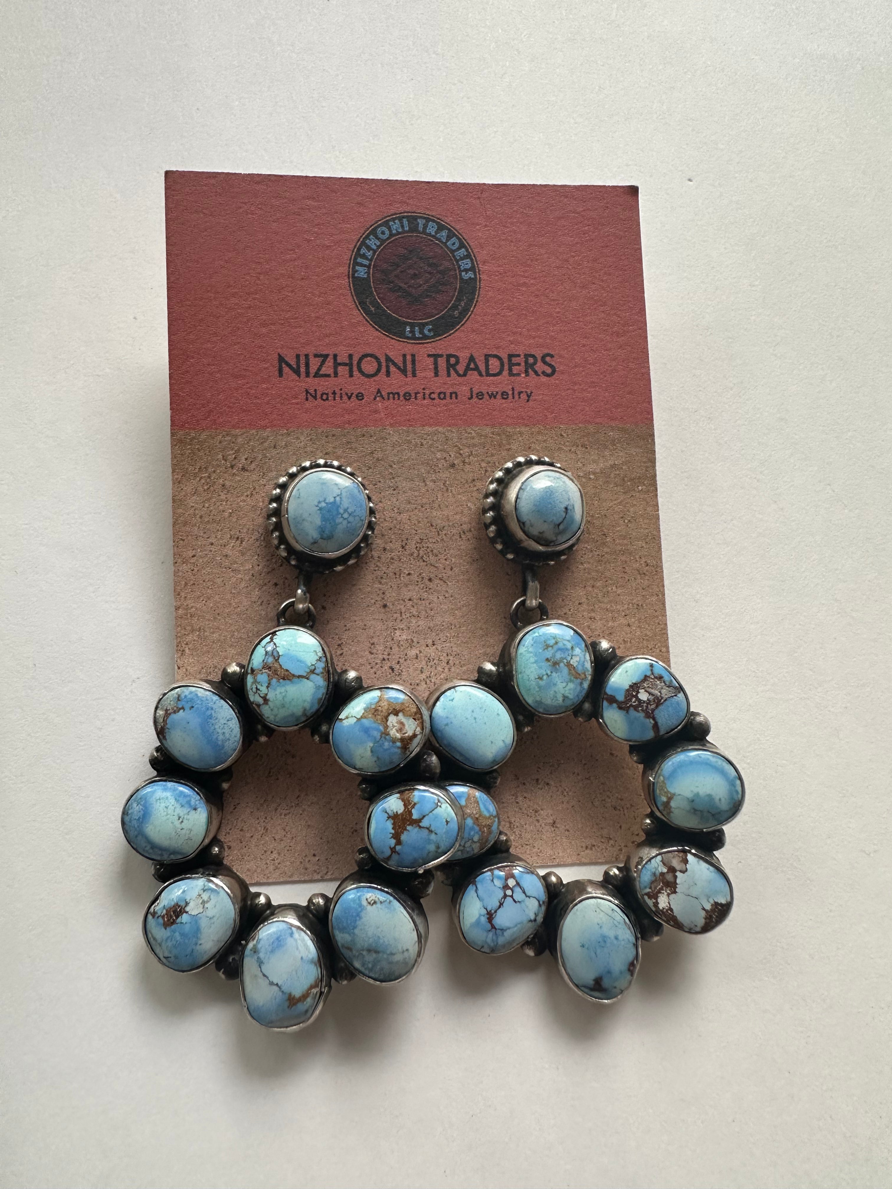 Handcrafted Golden Hills Turquoise & Sterling Silver Cluster Dangle Earrings Signed