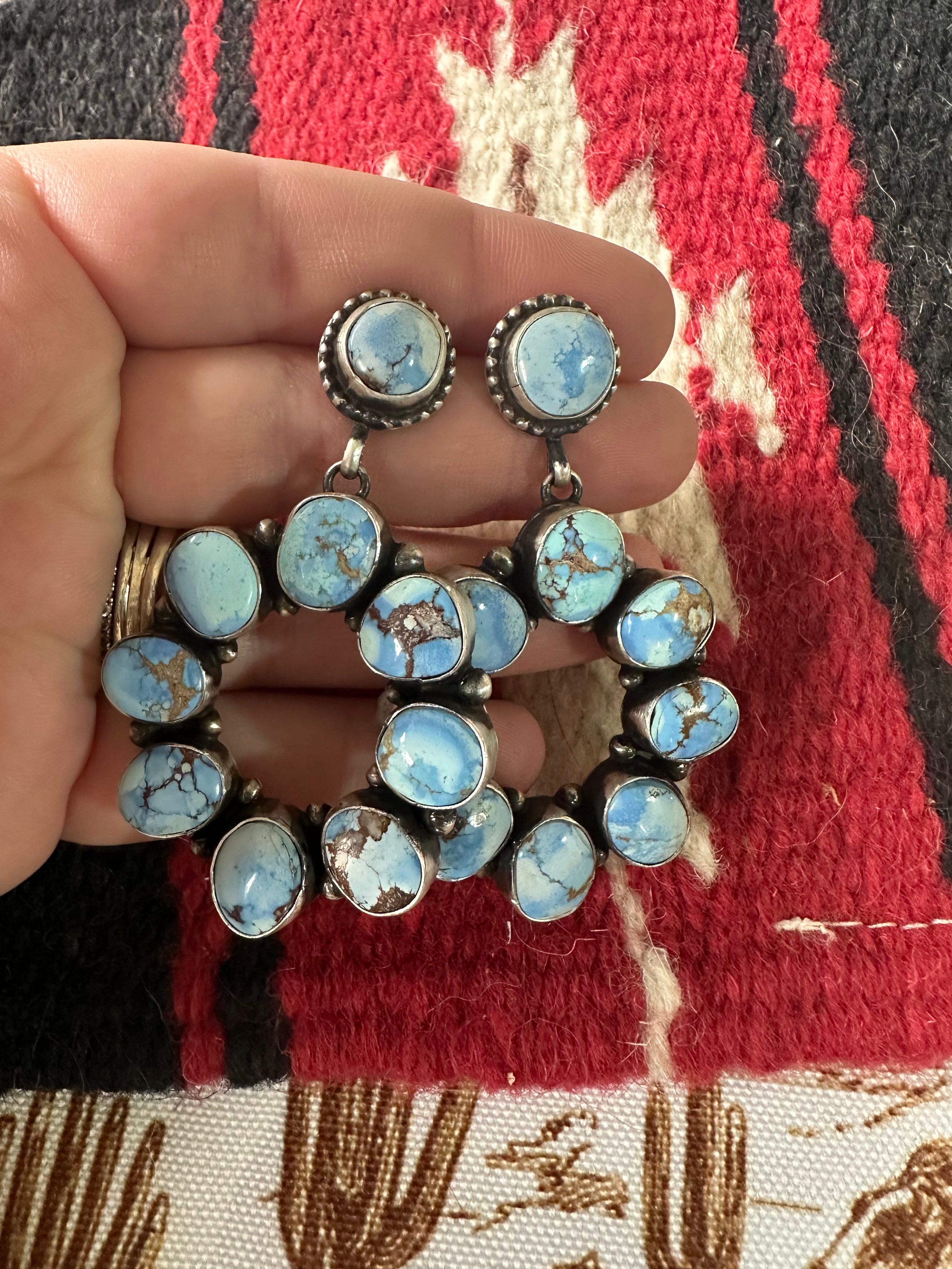 Handcrafted Golden Hills Turquoise & Sterling Silver Cluster Dangle Earrings Signed