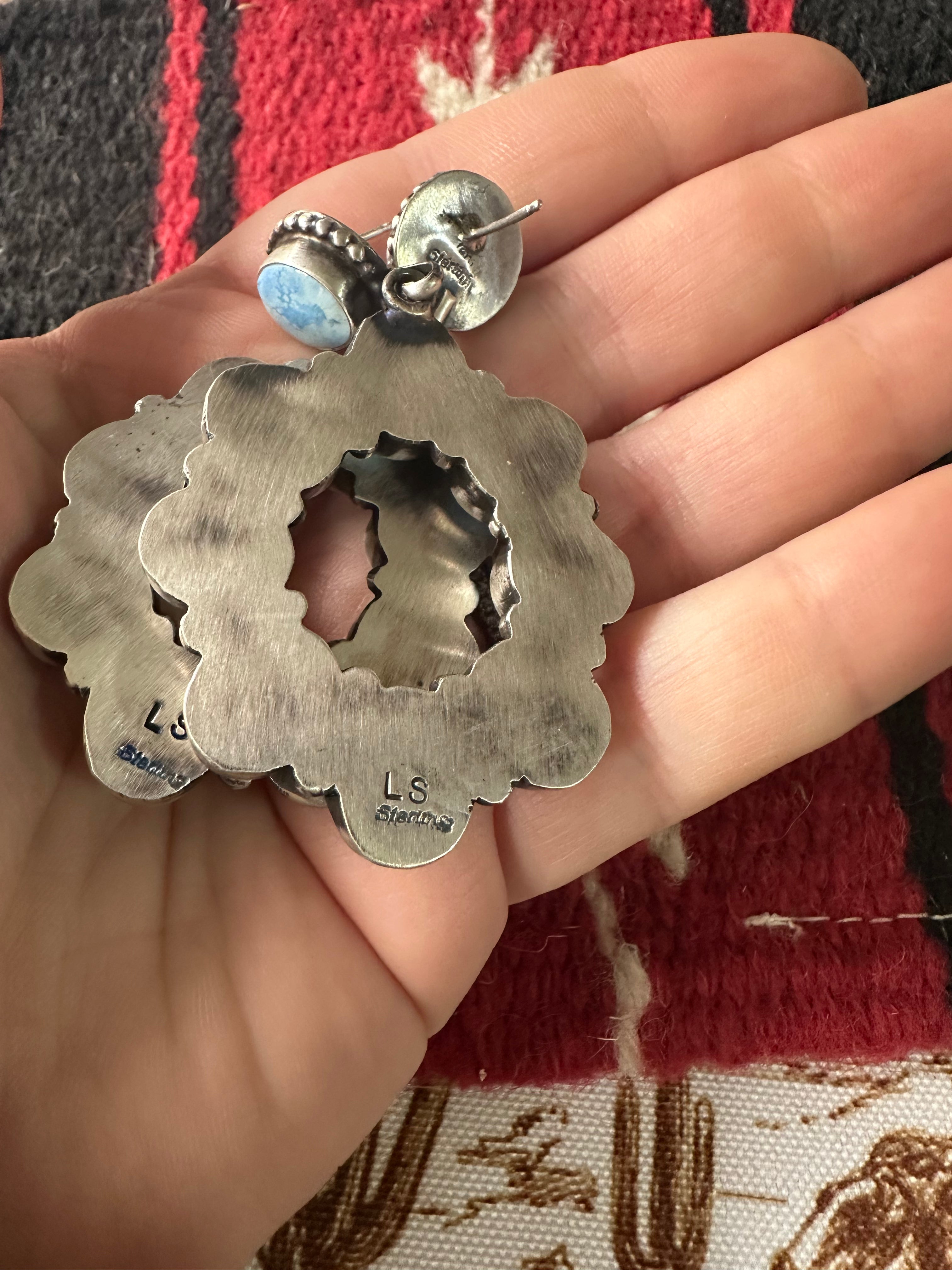 Handcrafted Golden Hills Turquoise & Sterling Silver Cluster Dangle Earrings Signed