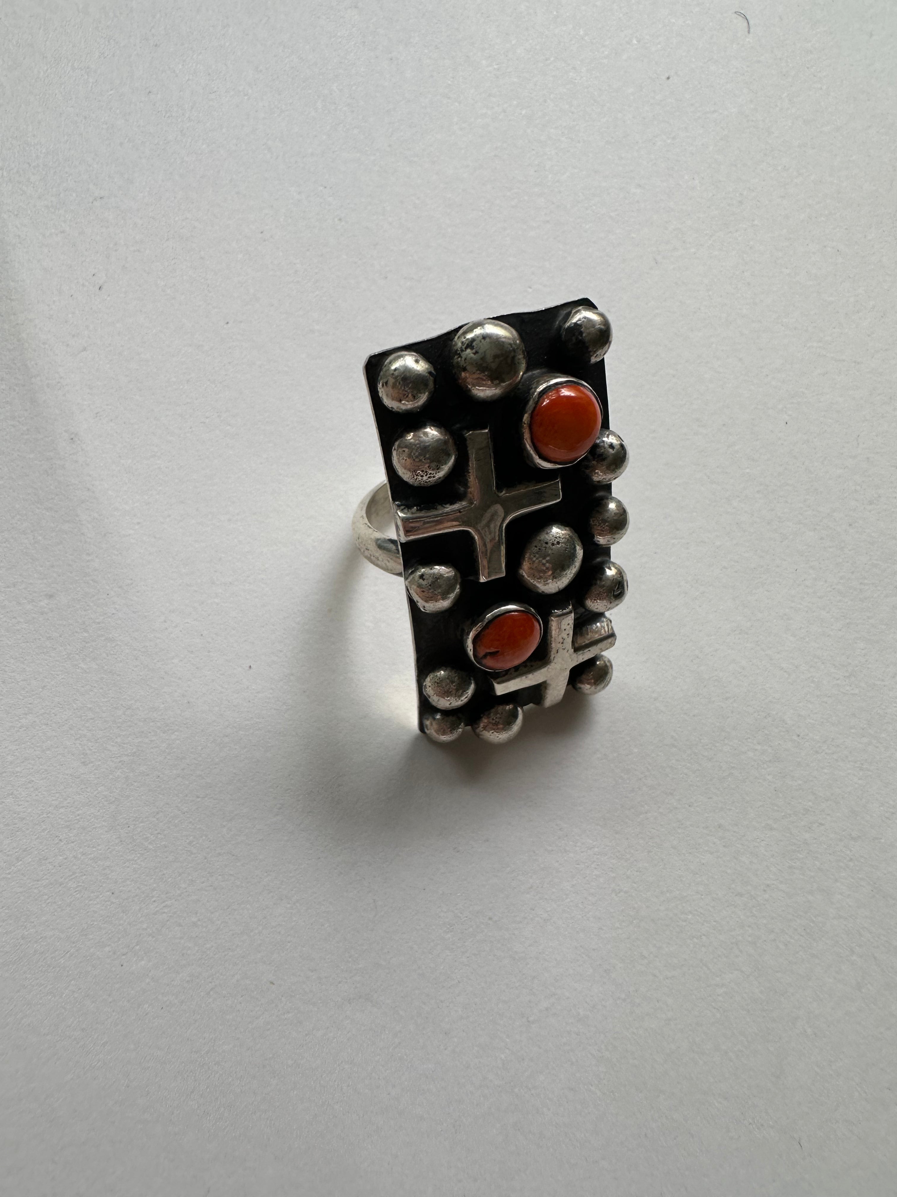 Beautiful Handcrafted Sterling Silver & Orange Mojave Ring Signed Chimney Butte