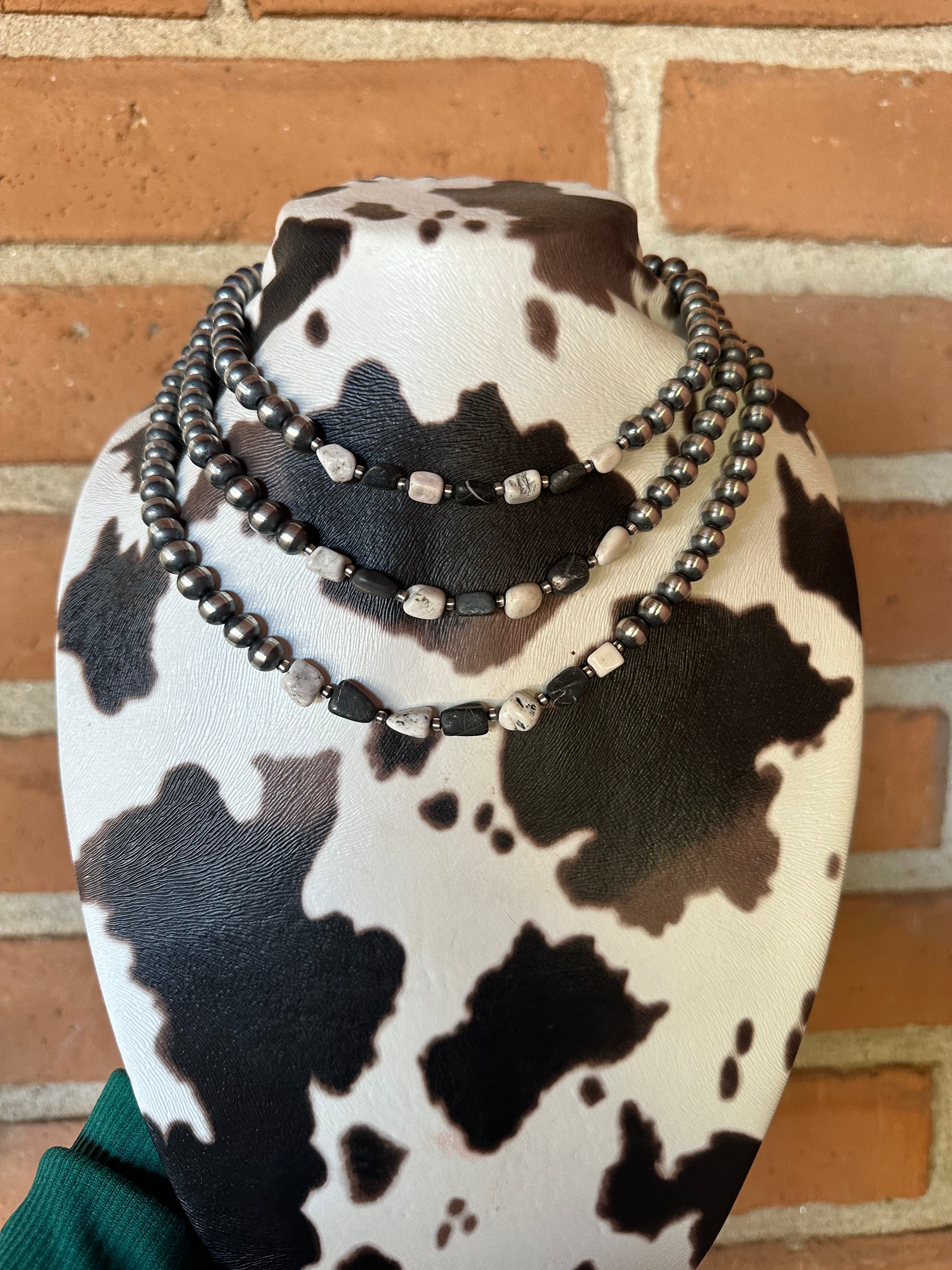 Handcrafted Pearl Sterling Silver & White Buffalo Beaded Necklace 14-20 Inch