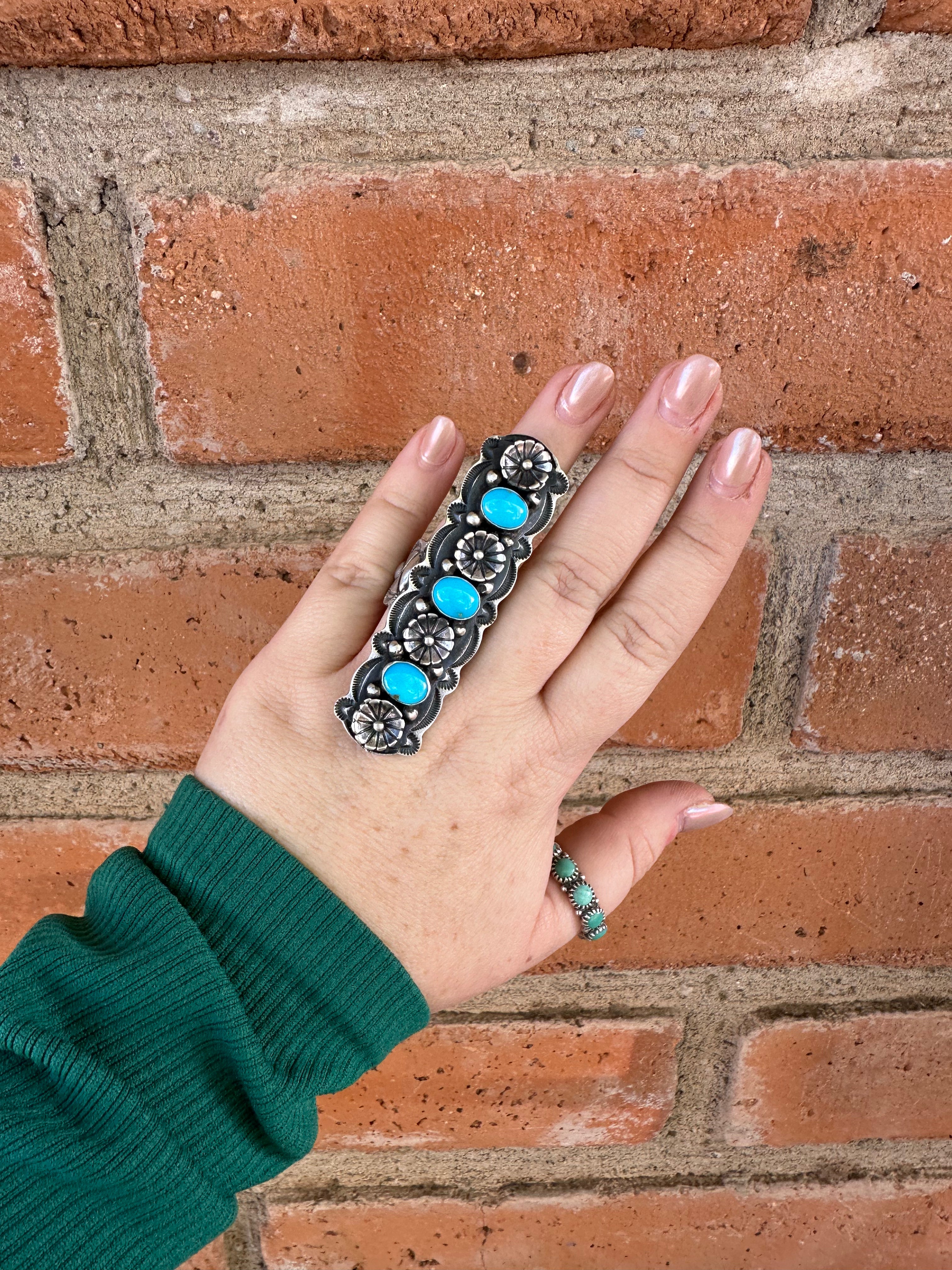 Handcrafted Turquoise & Sterling Silver Floral Ring Size 9