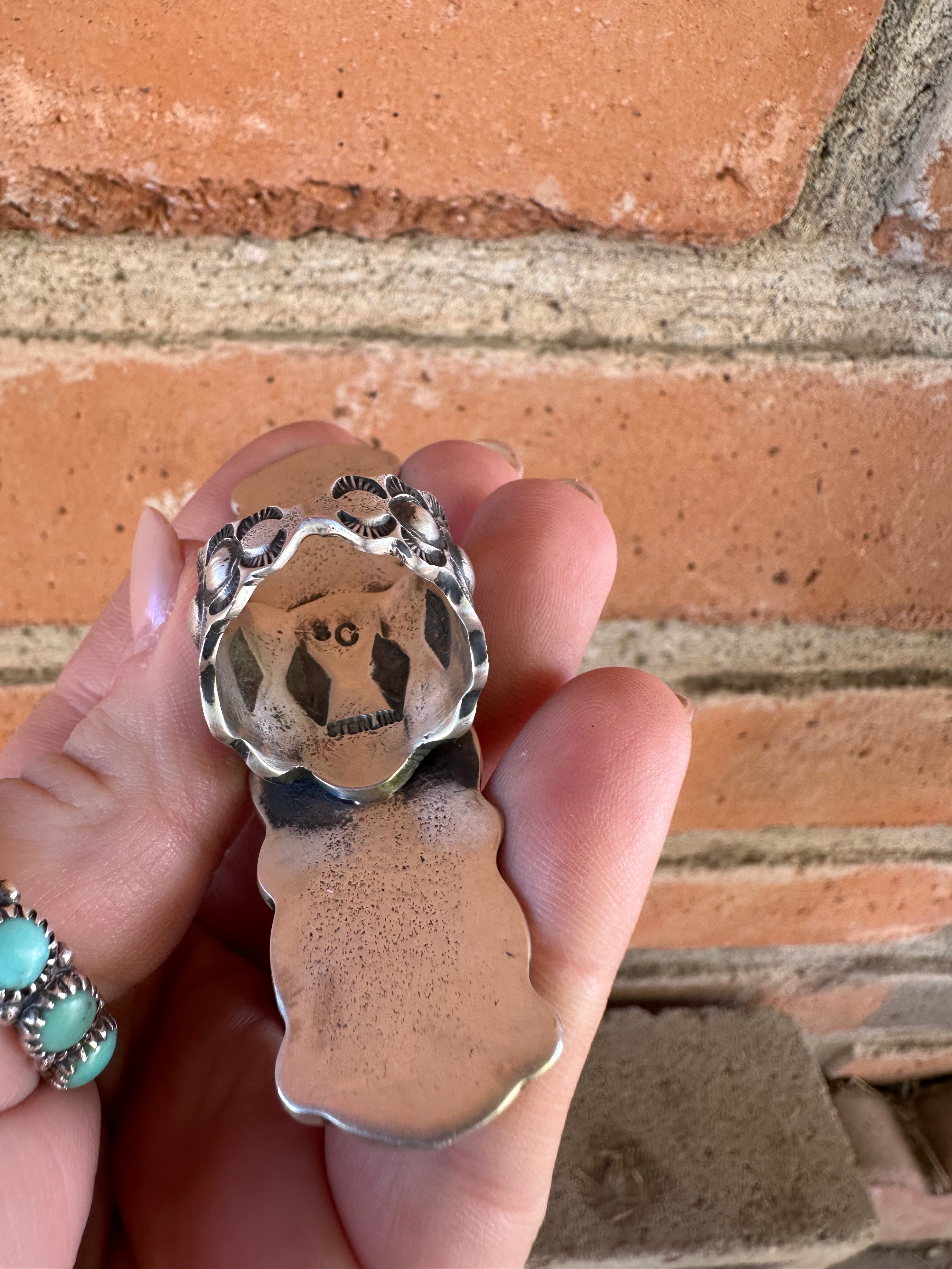 Handcrafted Turquoise & Sterling Silver Floral Ring Size 9