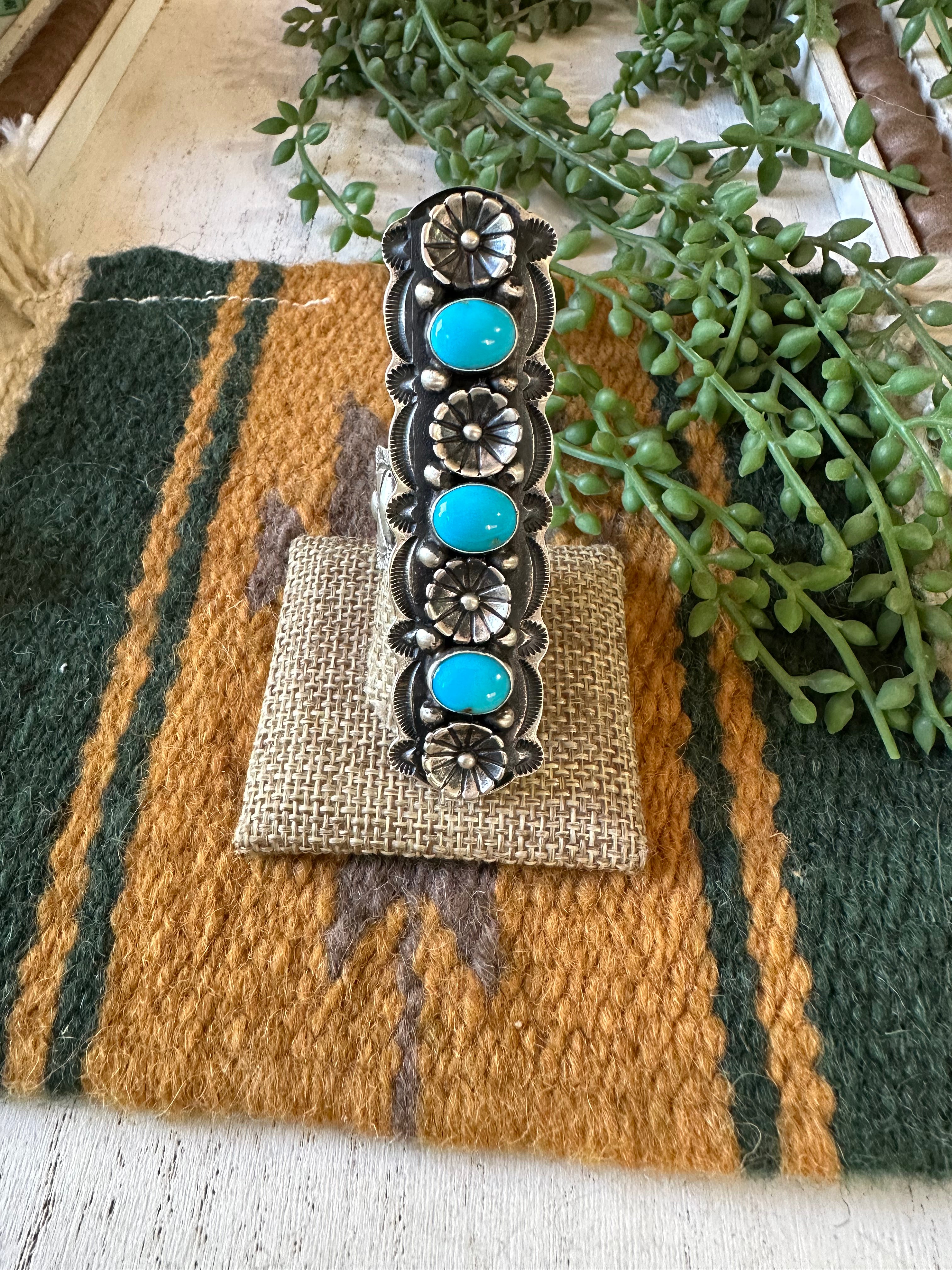 Handcrafted Turquoise & Sterling Silver Floral Ring Size 9