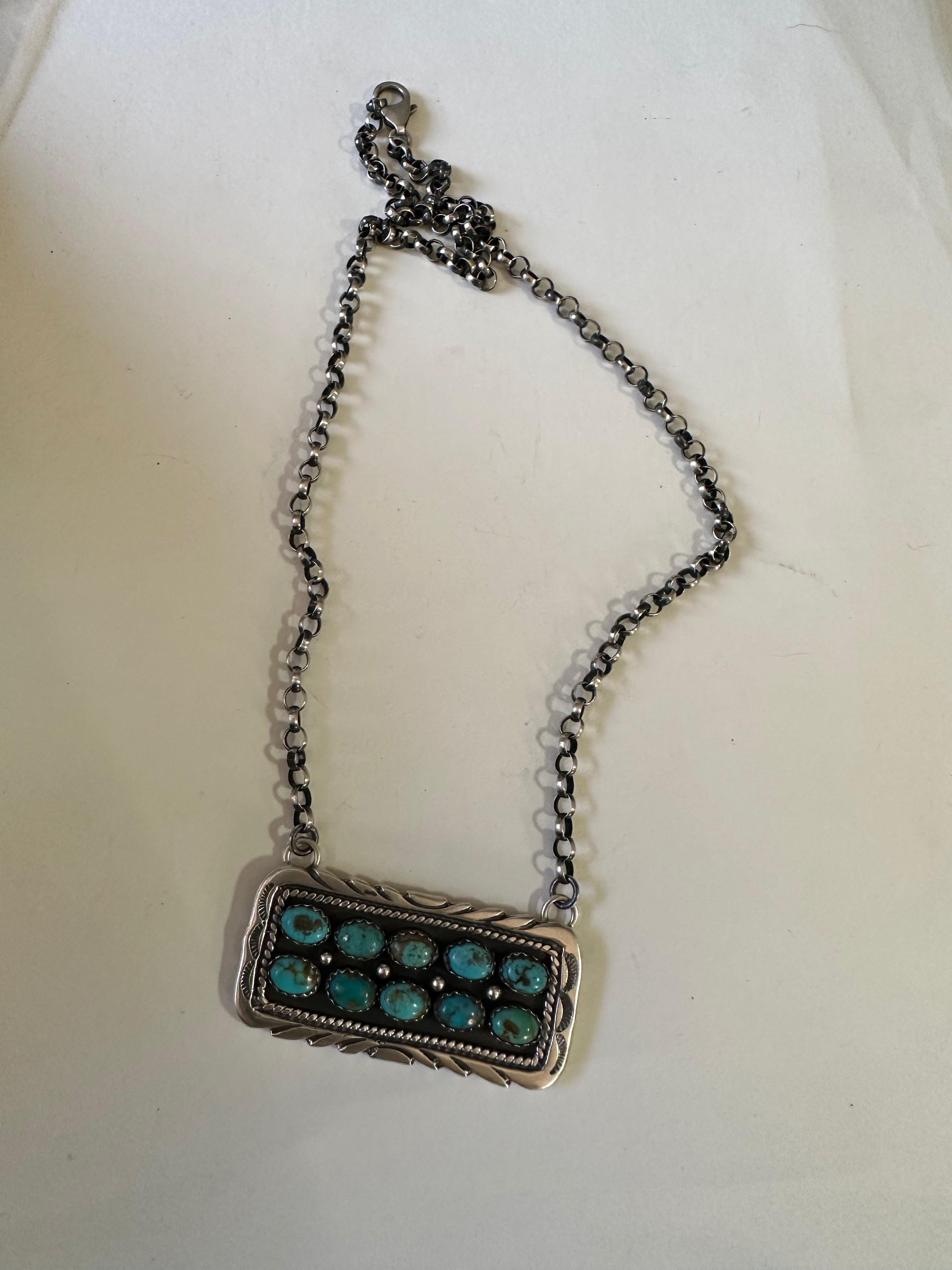Navajo Sterling Silver & Double Row Turquoise Bar Necklace Signed E. Richards