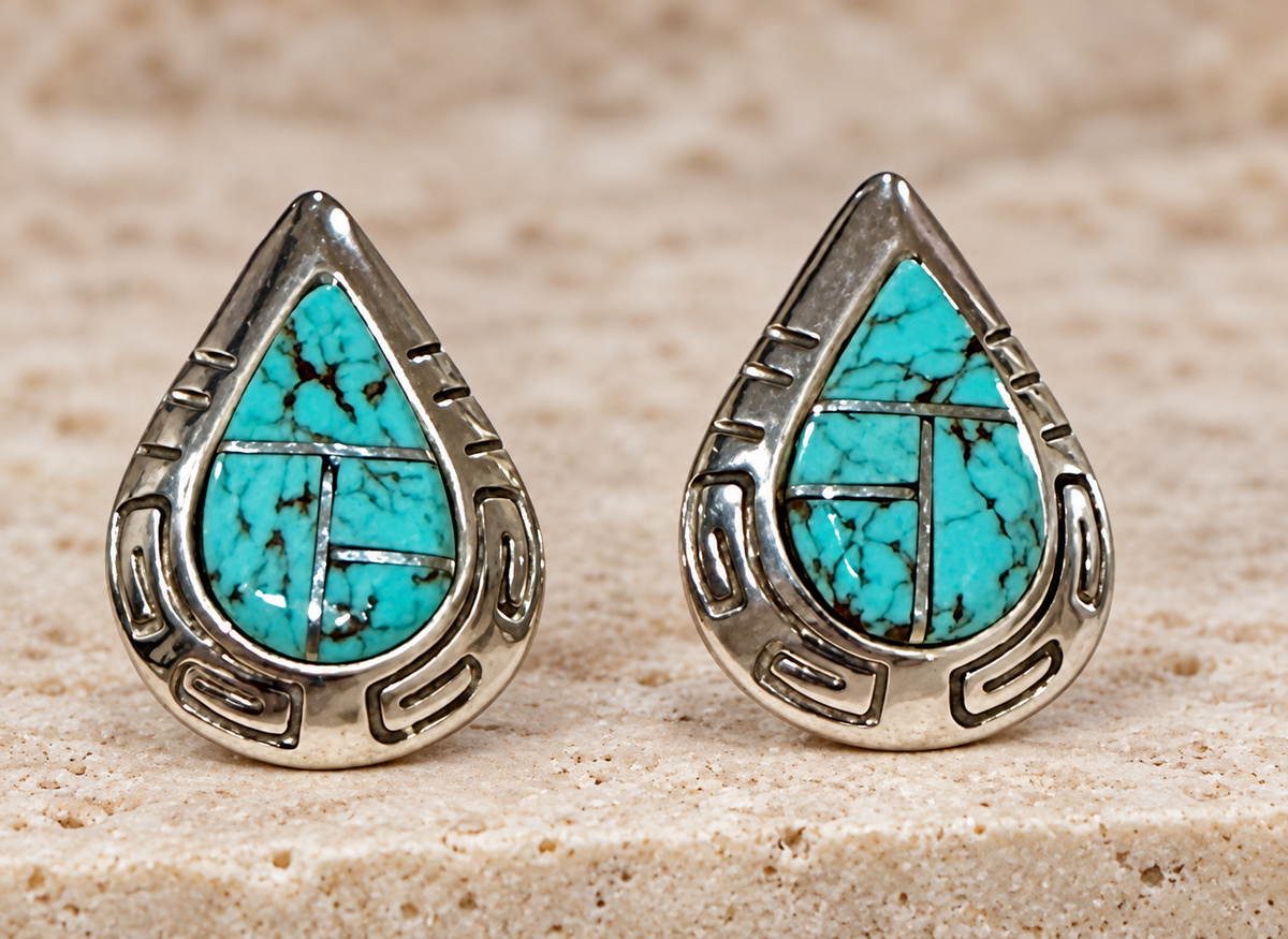 Handcrafted Turquoise 8 & Sterling Silver Tear Drop Stud Earrings