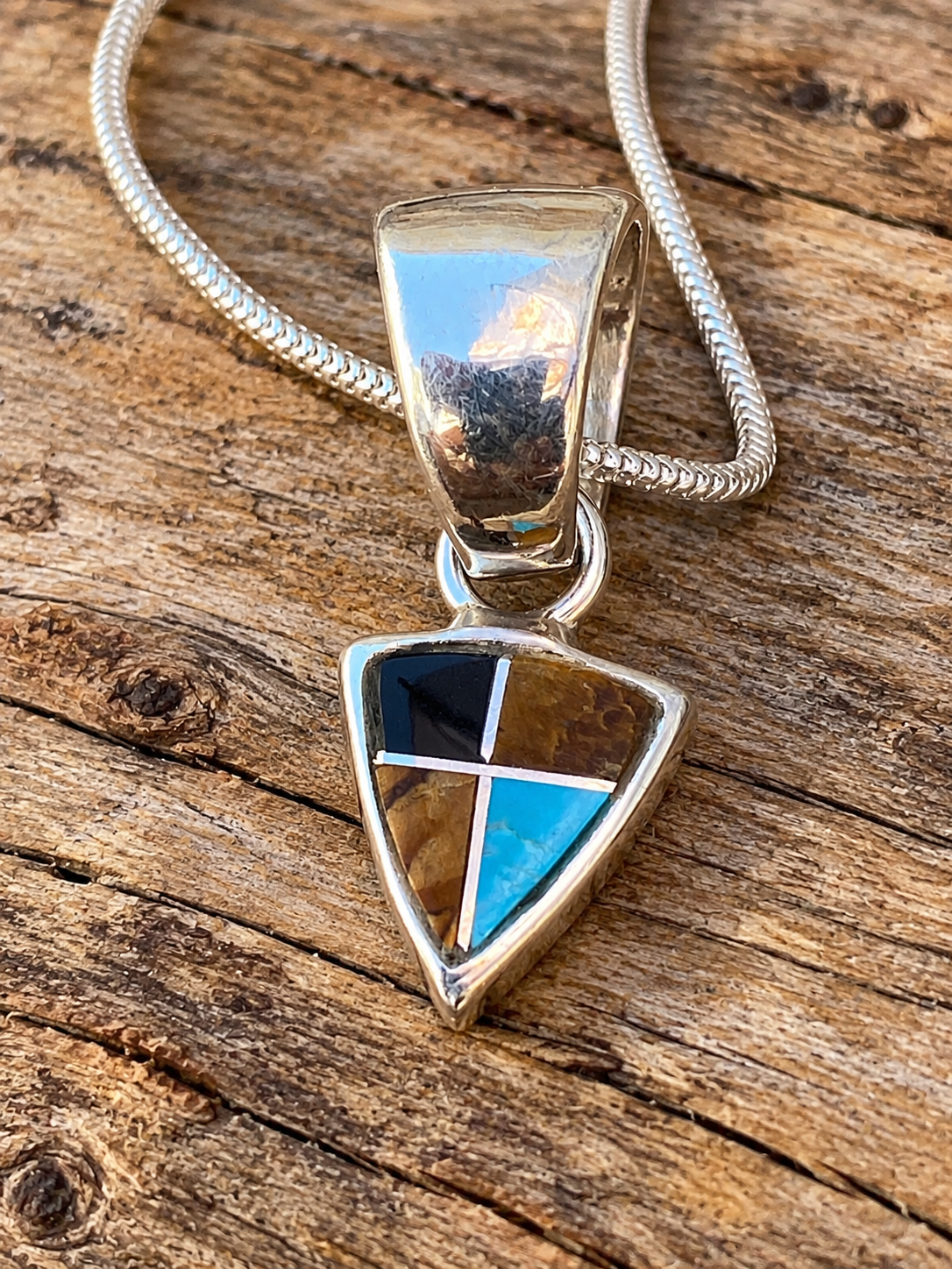 Handcrafted Turquoise, Onyx, Petrified Wood Triangle Pendant