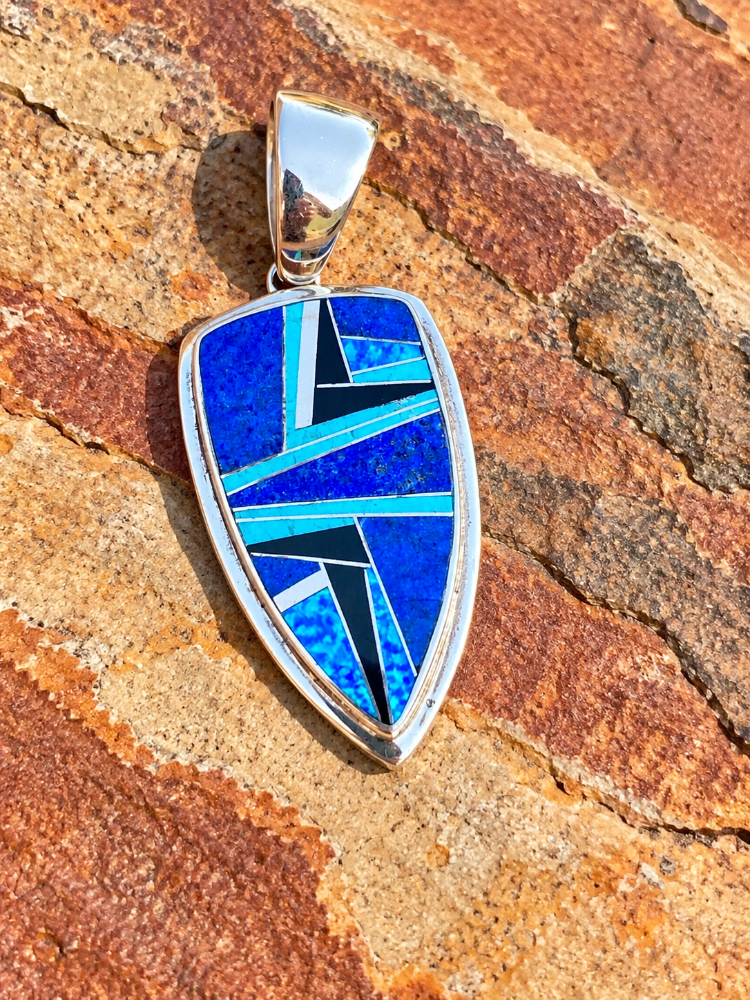 Handcrafted Lapis, Turquoise, Blue Opal Shield Pendant 2.5”