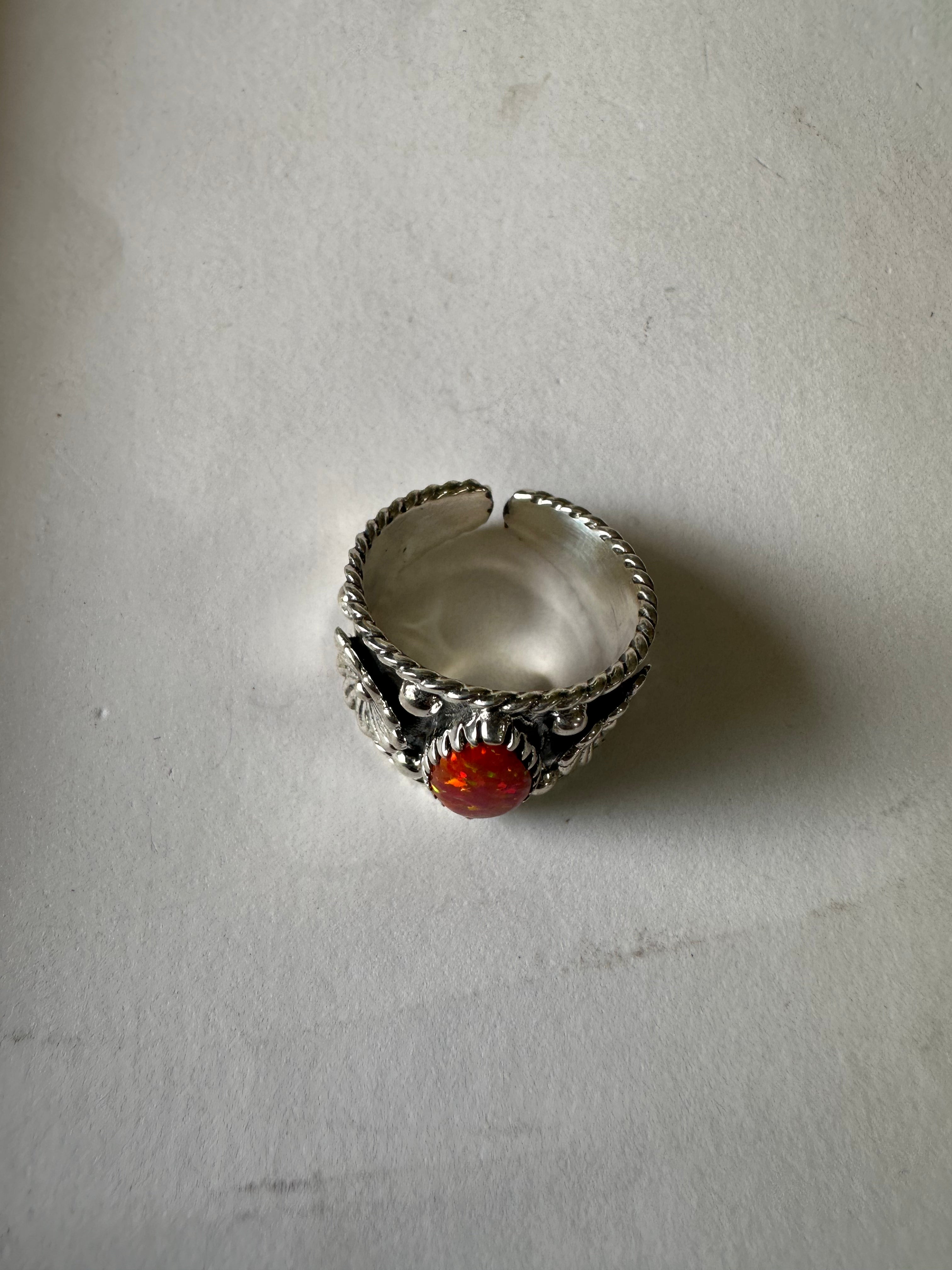 Beautiful Handmade Orange Fire Opal And Sterling Silver Adjustable Flower Ring
