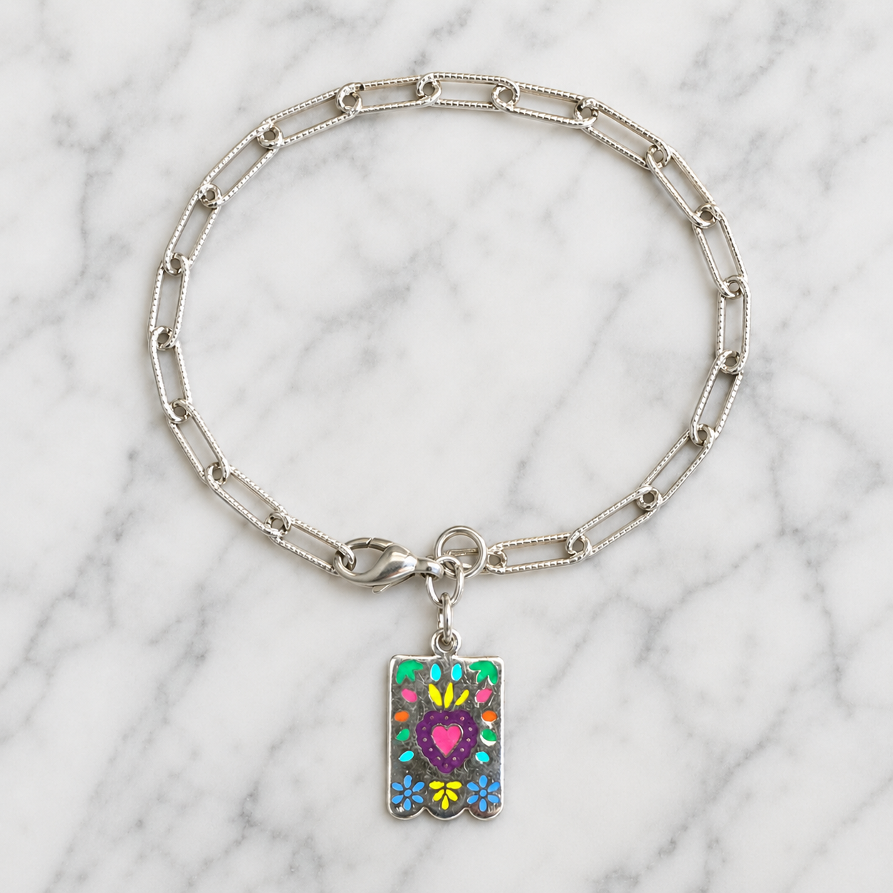 Multicolored Heart Post Card Sterling Silver Charm