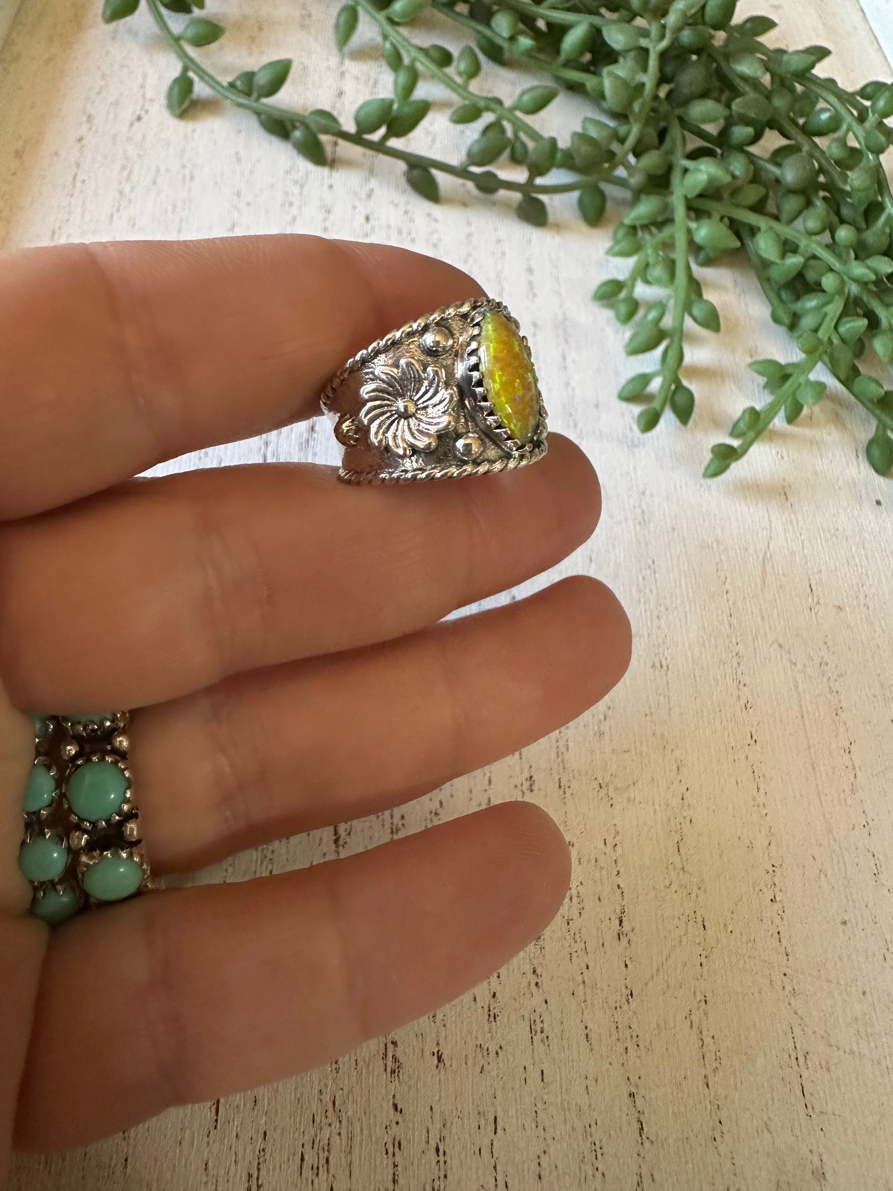 Beautiful Handmade Yellow Fire Opal And Sterling Silver Adjustable Flower Ring